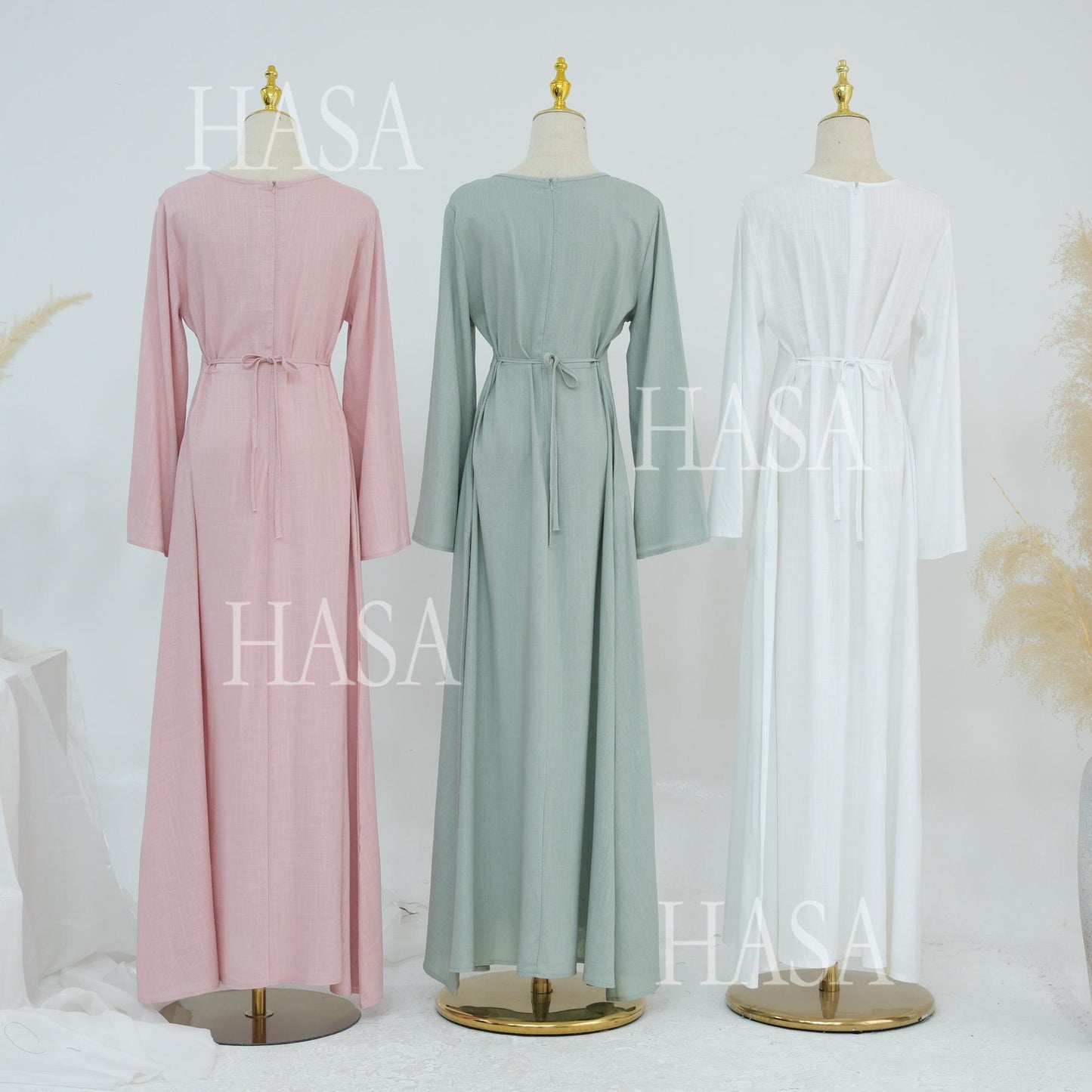 HS6494 Simple Solid Color Linen Bamboo Dress | Lace-Up Design