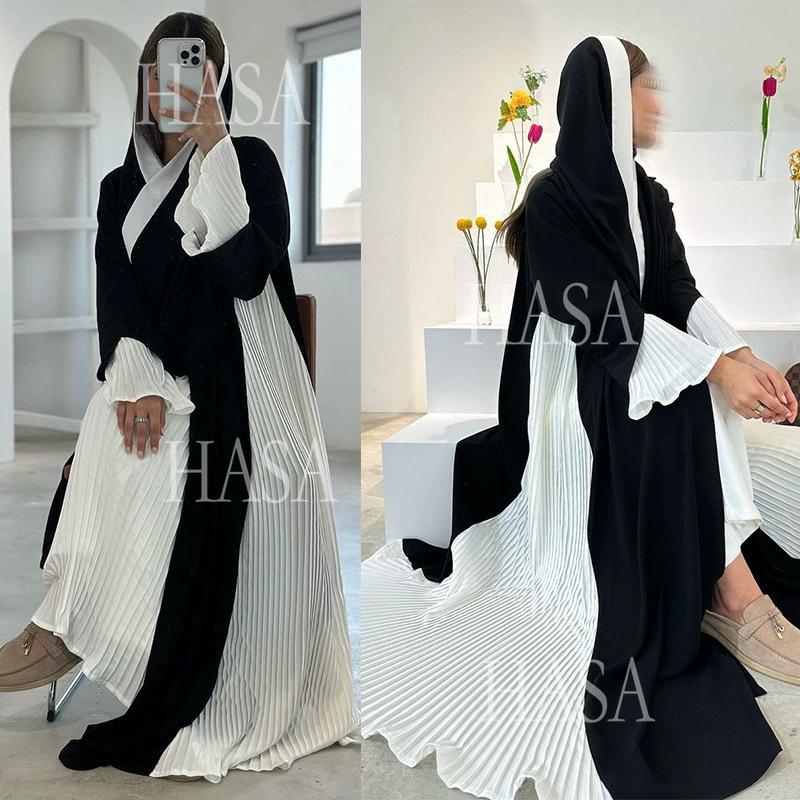 HS6567 Abaya Long Cardigan Coat with Pleated Panels