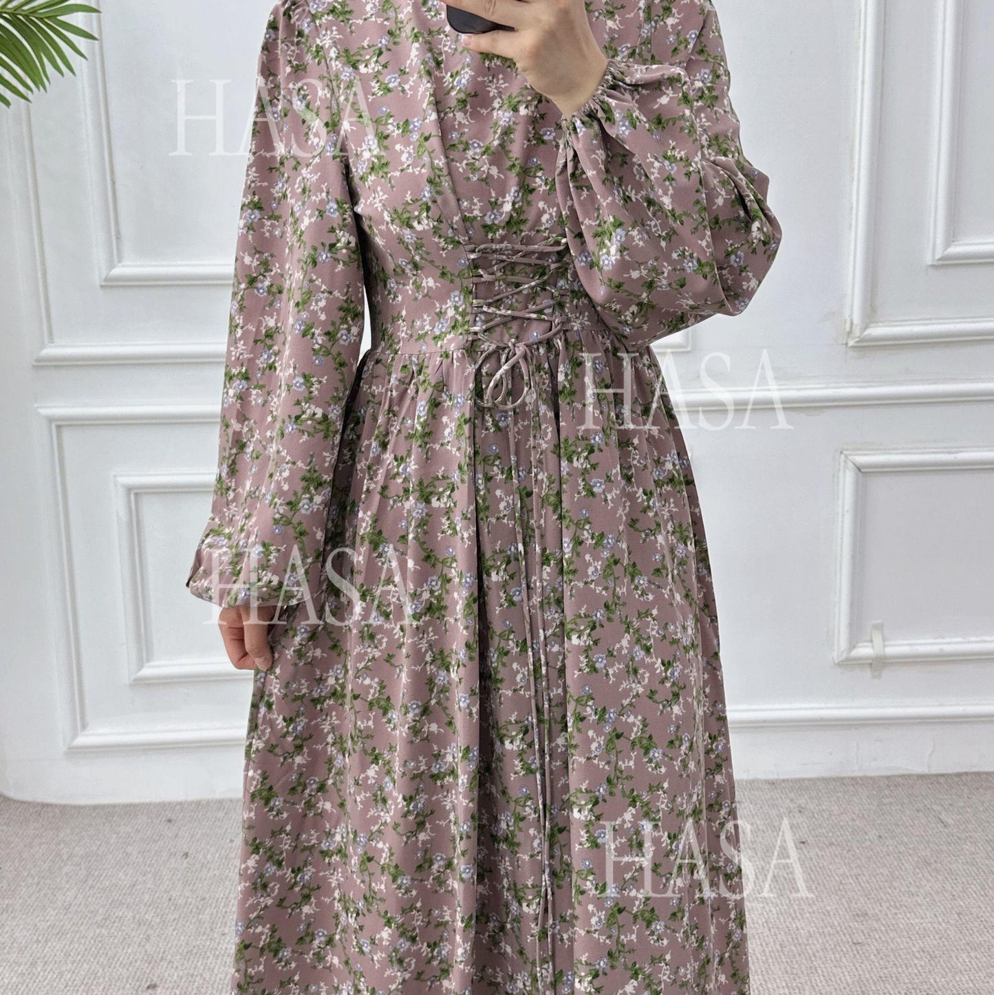 HS6489 Long-sleeved Floral Maxi Dress with Natural Waist
