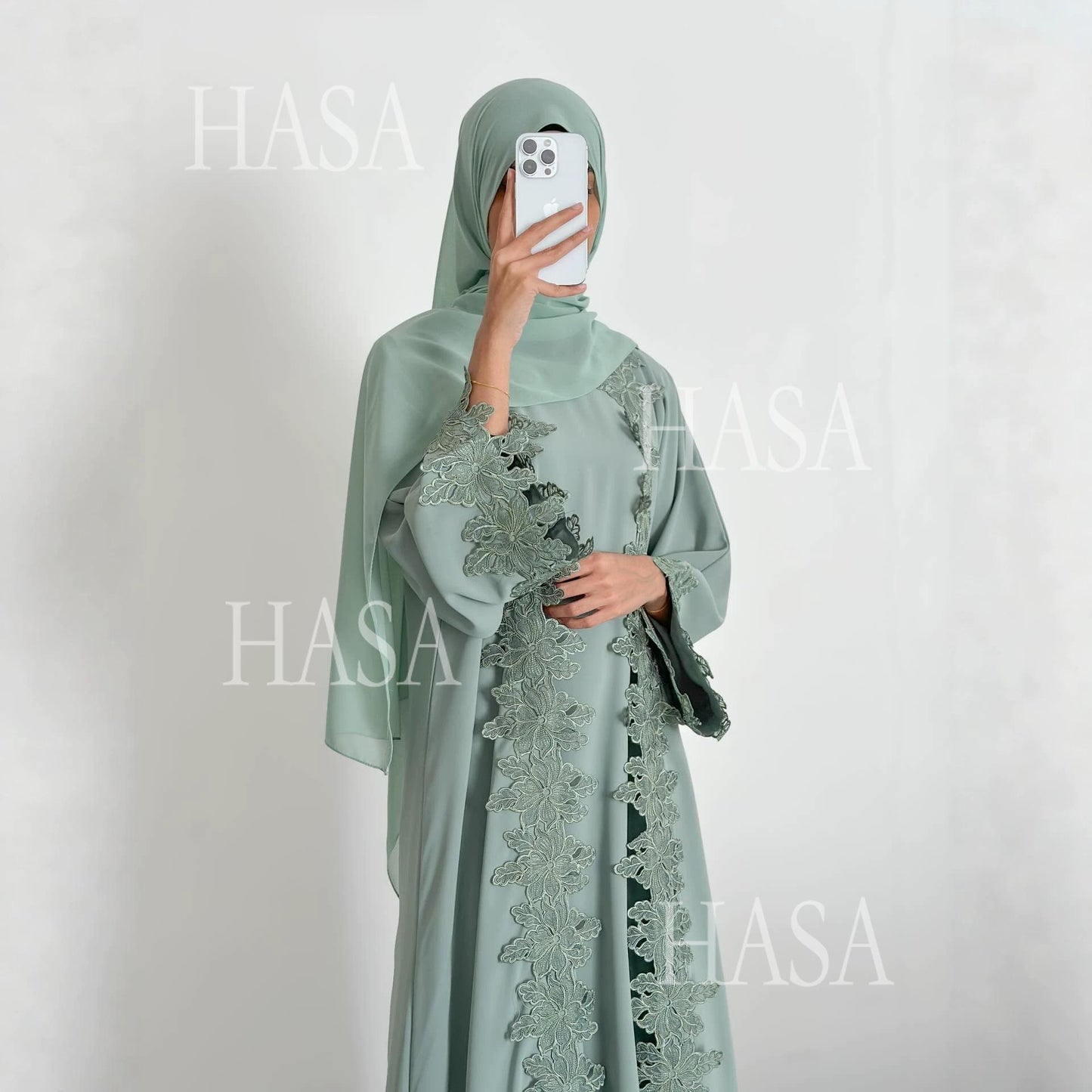 HASA HS6780 Chic Floral Embroidered Open Abaya Two Piece Outfit