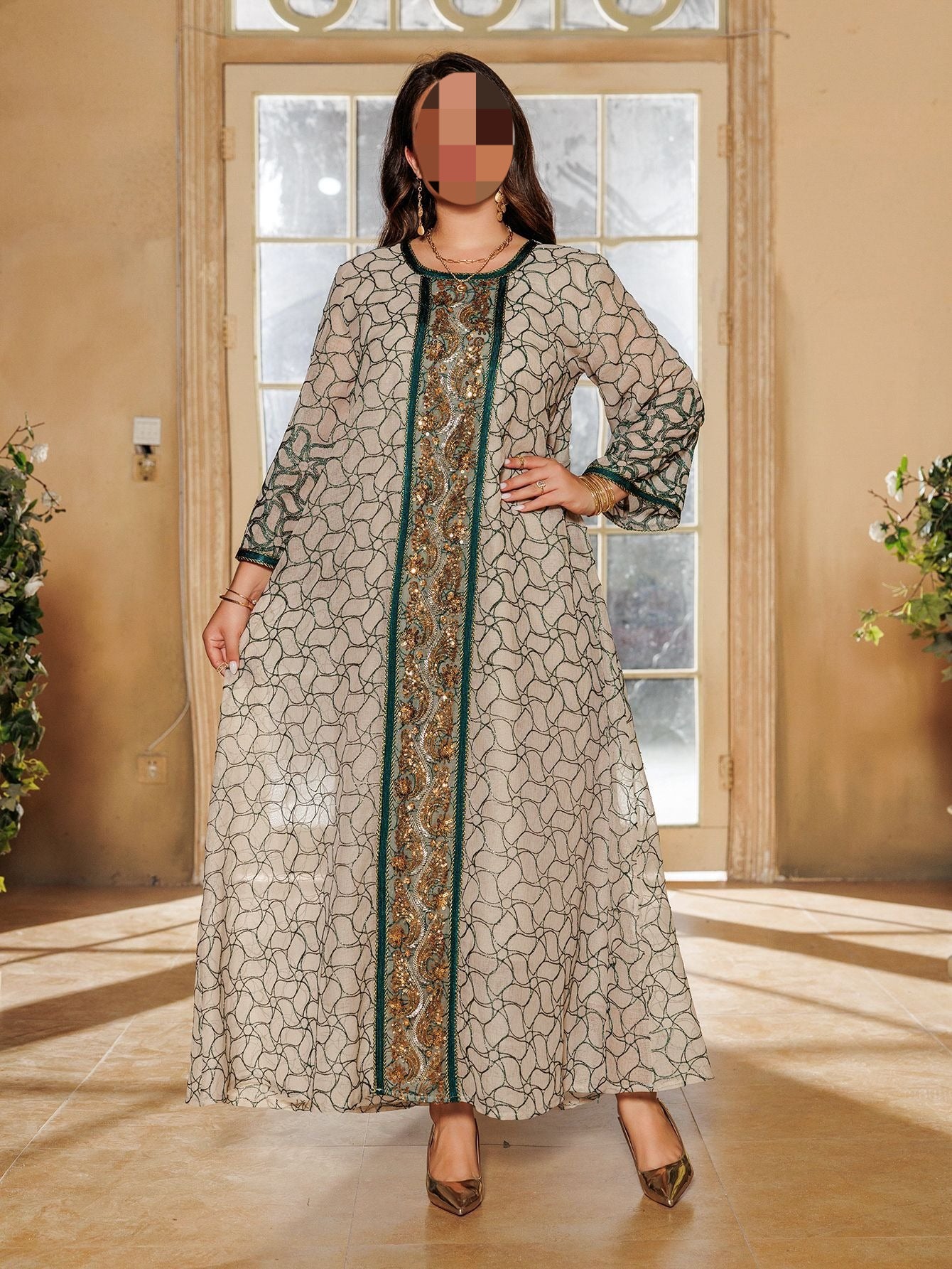 HS6668 A Simple and Elegant Long Dress Adorned with Mesh Embroidery.