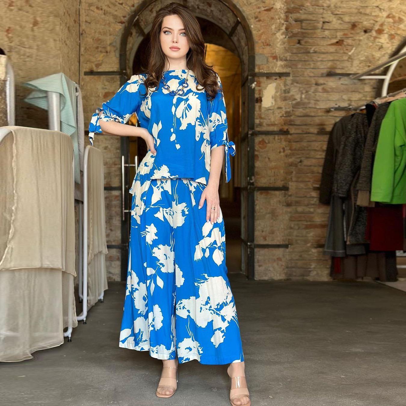 HASASERIES HS0810 Ensemble 2 pièces haut à lacets et pantalon imprimé