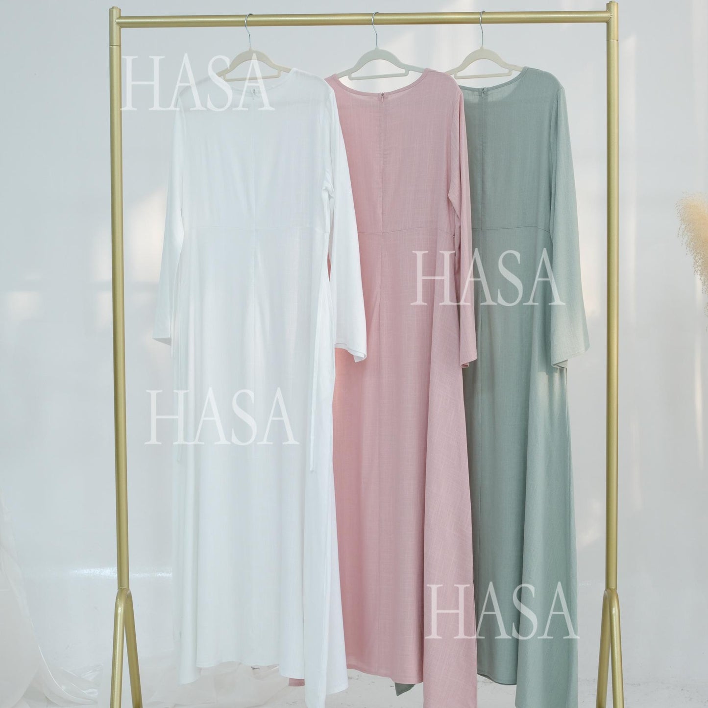 HS6494 Simple Solid Color Linen Bamboo Dress | Lace-Up Design