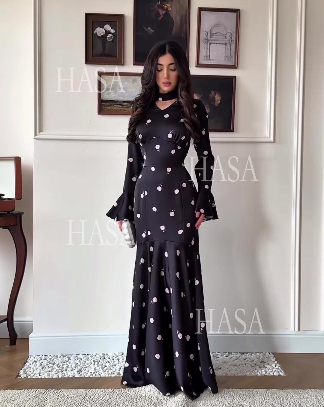 HASA's Series HS6741 Chic Black Polka Dot Long Dress Flare Sleeve Mermaid Maxi Gown