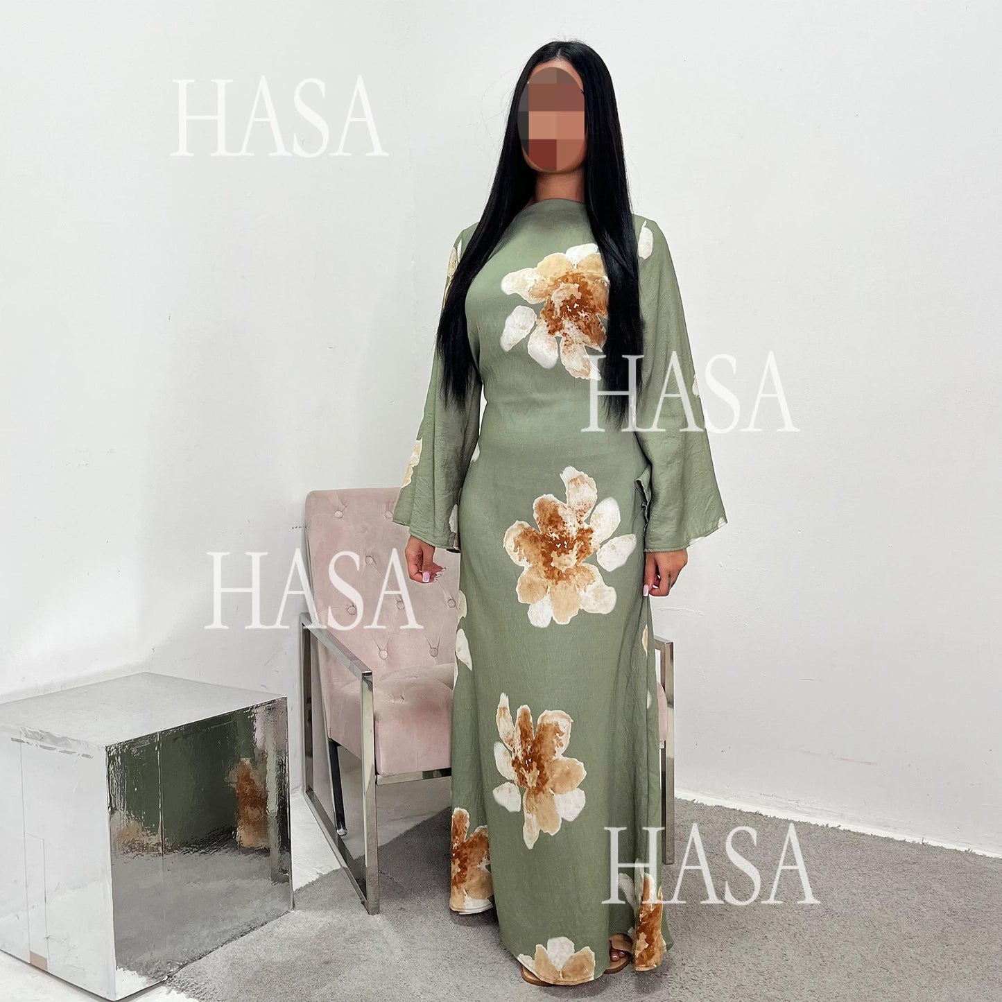 HS6503 Long-sleeved Waist-length Printed Dress (one Piece)