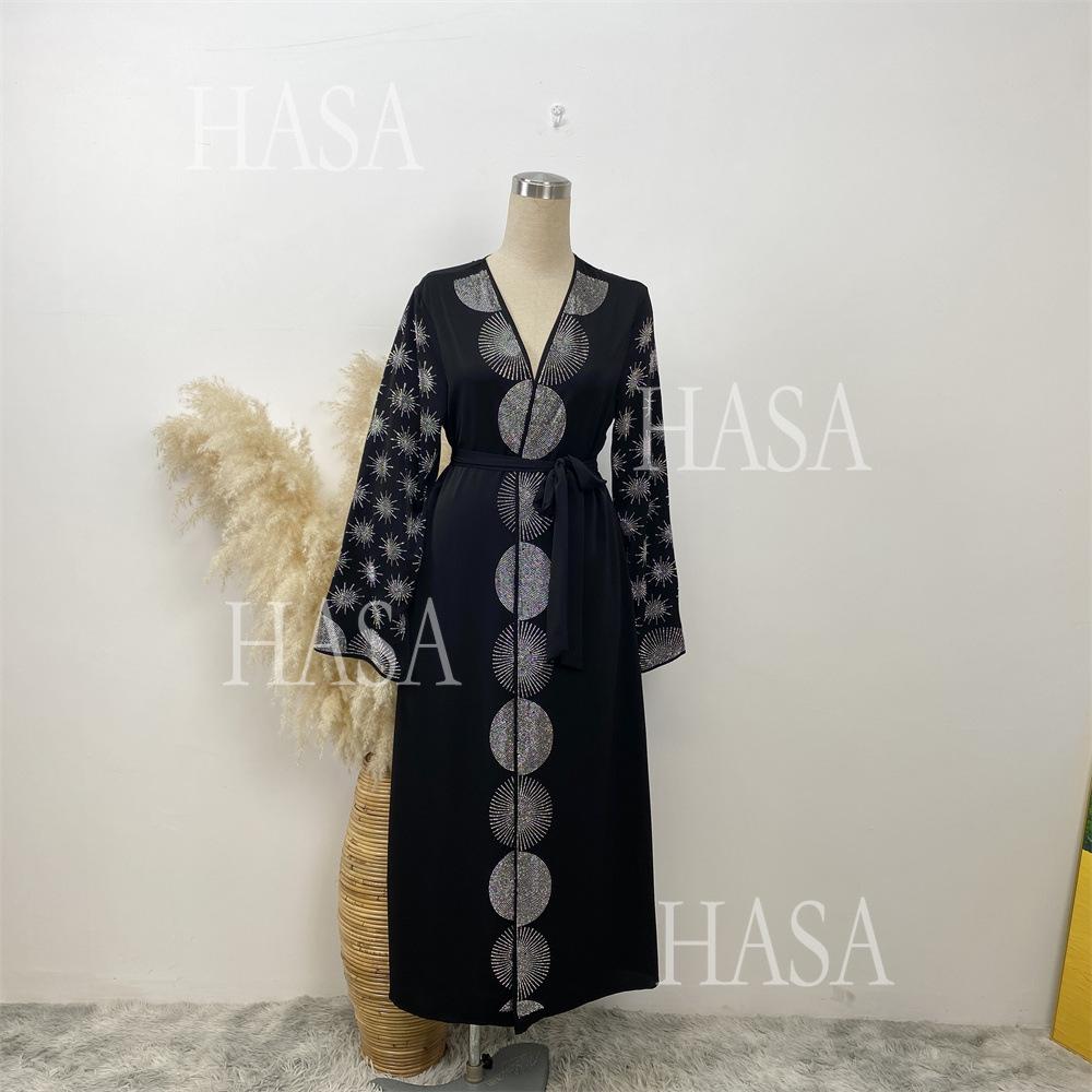 HS6588 Black Cardigan Dress with Rhinestone Embellishment and Pockets