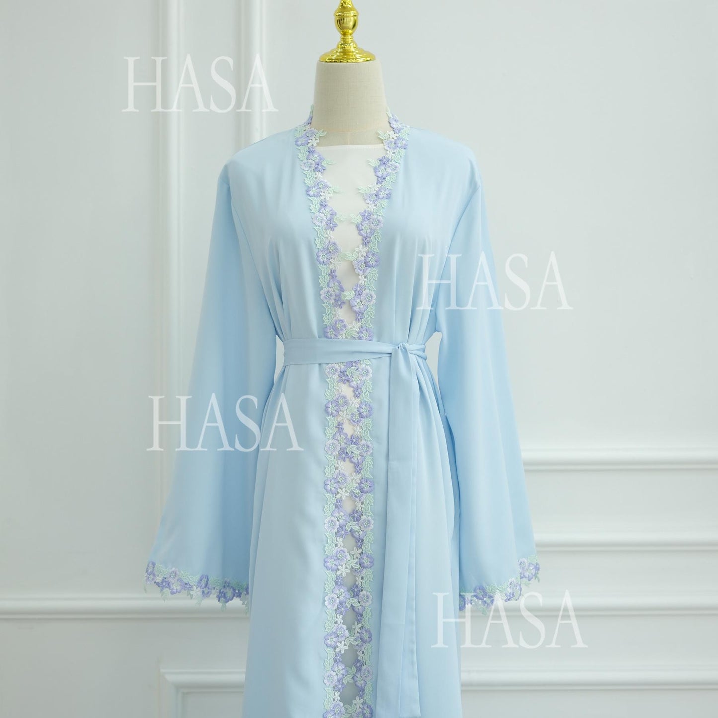 HS6562 Blue Bow Embroidered Abaya Tunic Cardigan