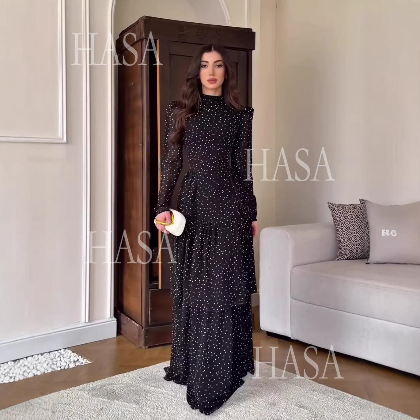 HASA's Series HS6743 Chic Black Polka Dot Long Dress High Neck Long Sleeve Maxi Dress