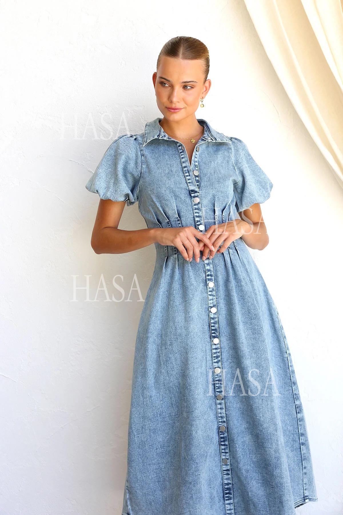 HASA HS6797 Elegant Puff Sleeve Denim Maxi Dress