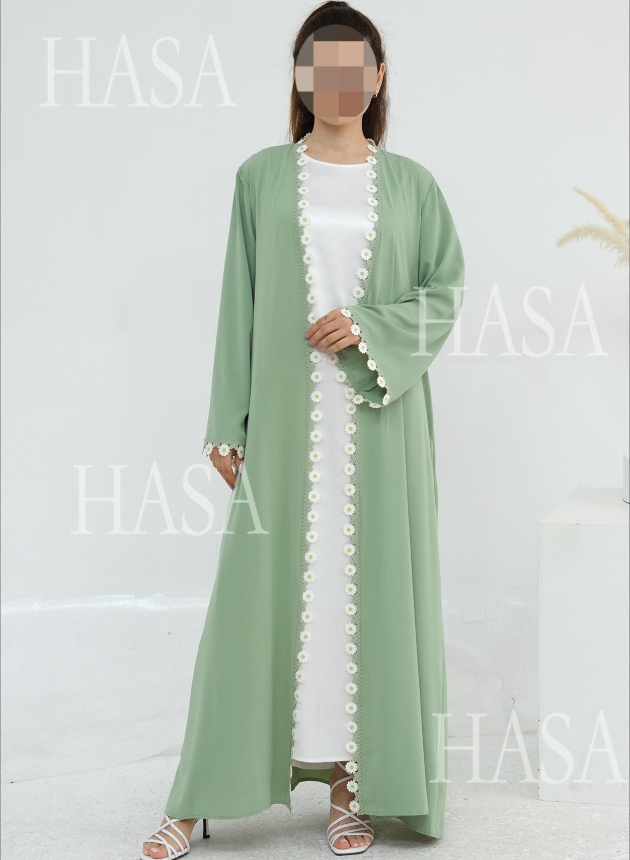 HS6616 Green Flower Stitching Cardigan Two-Piece Set (Including Headscarf)