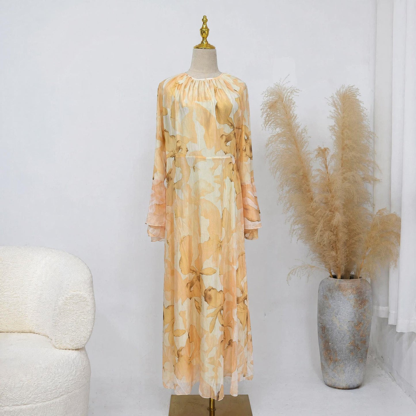 HASA HS6811 Chiffon Floral Maxi Dress Flare Ruffle Sleeve Elegant Long Dress for Women Daily Party Wear