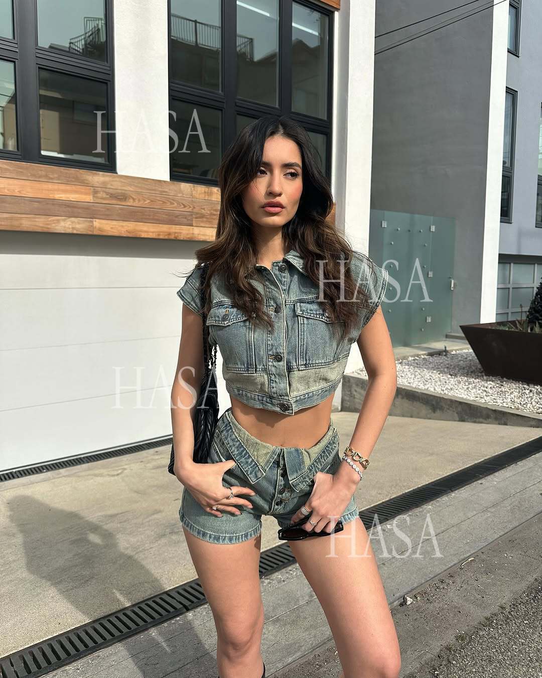 HASA HS6275 Cool Streetwear Denim Two Piece Shorts Set with Cropped Top
