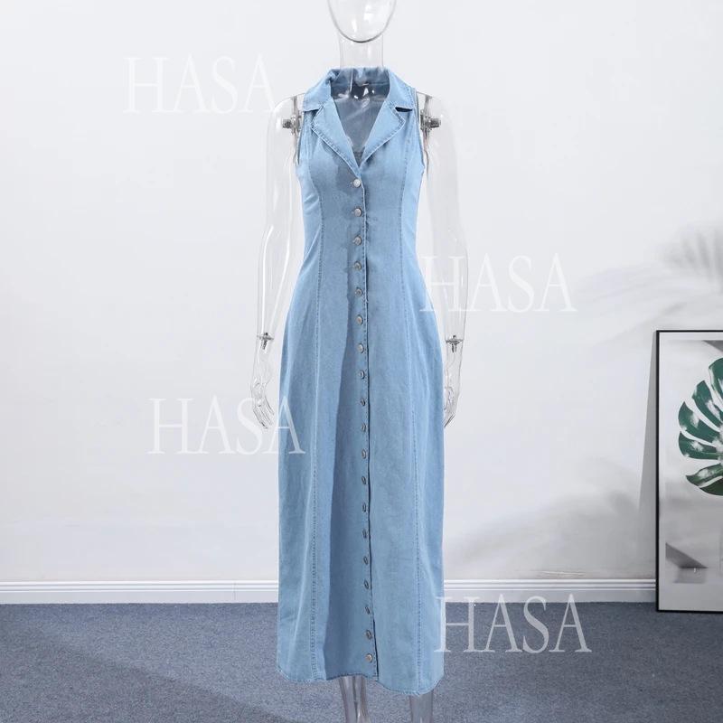HASA HS6775 Elegant V Neck Button Front Denim Dress