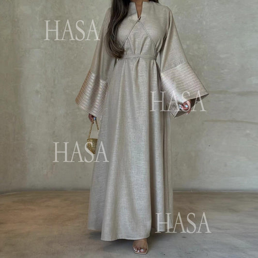 HS6490 Embroidered Panel Sleeve Long Dress