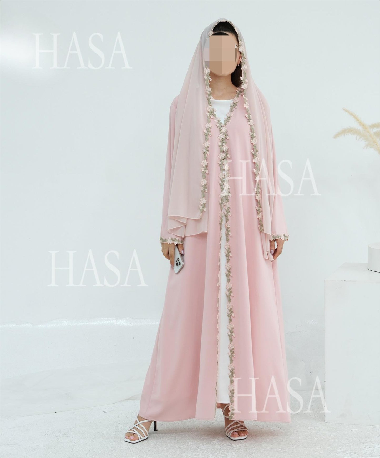 HS6618 Pink Flower Stitching Cardigan Two-Piece Set (Including Headscarf)