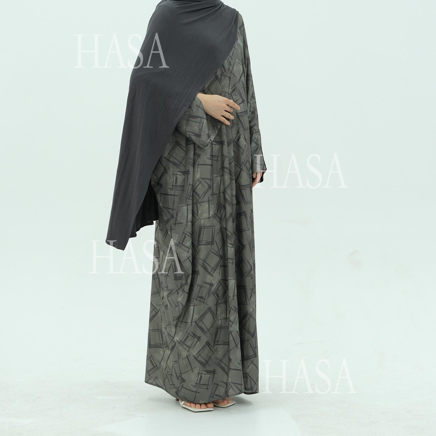 HS6504 Grey geometric print long cardigan Abaya (headscarf not included)