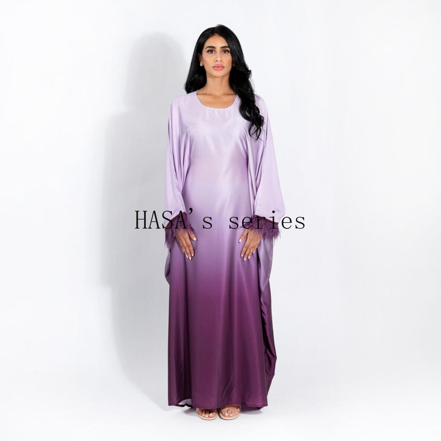 HS5111 Gradient-colored Fringed Long Dress, Romantic Dress with Batwing Sleeves.