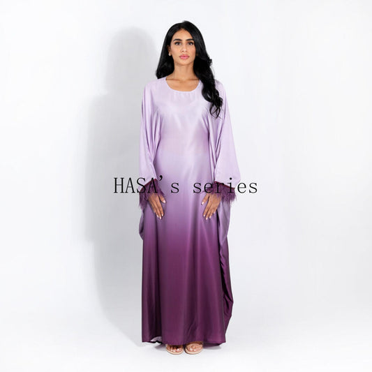 HS5111 Gradient-colored Fringed Long Dress, Romantic Dress with Batwing Sleeves.