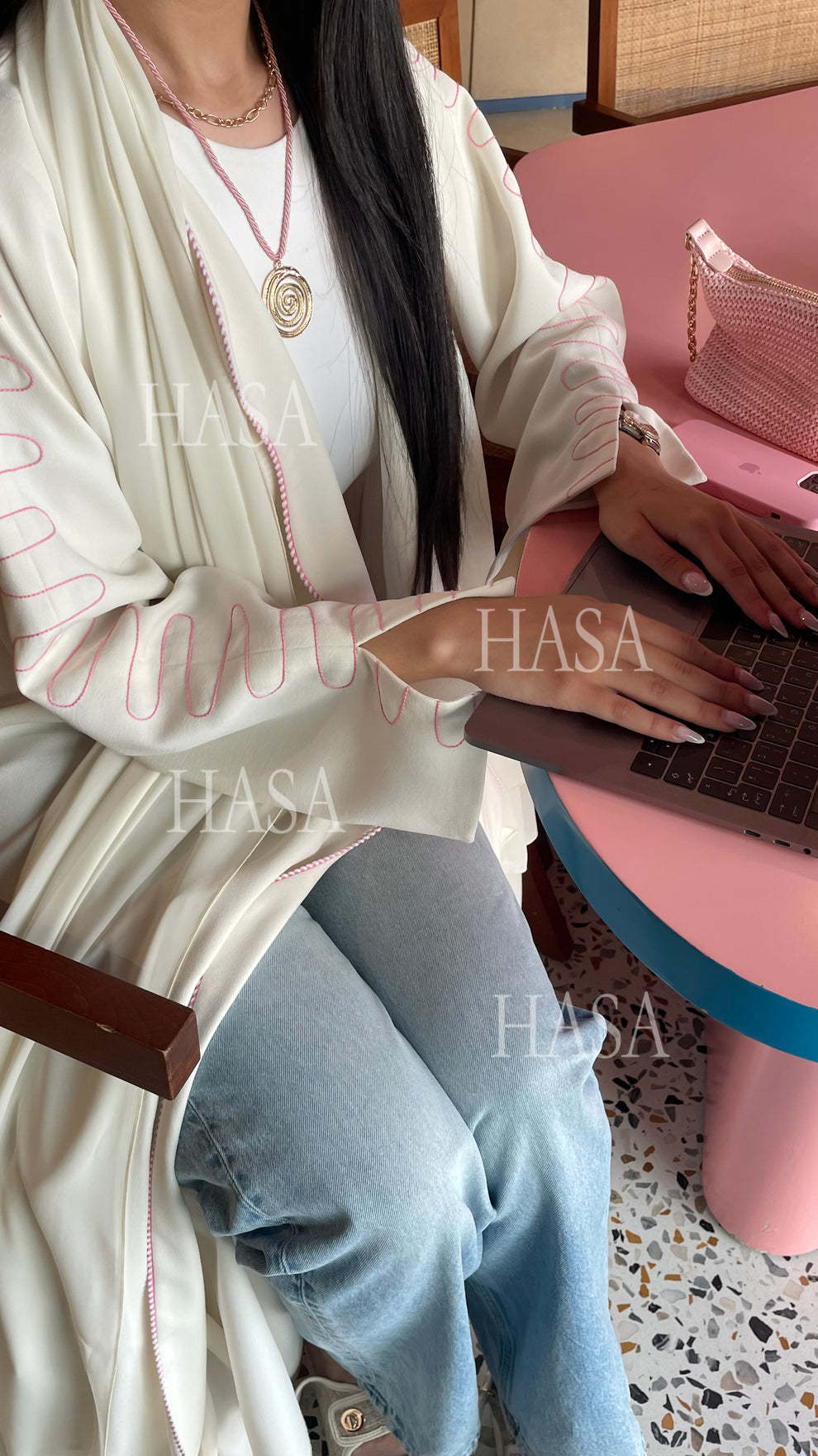 HASA's Series HS6582 Abaya Women's Long Embroidered Cardigan Jacket with Wavy Edges