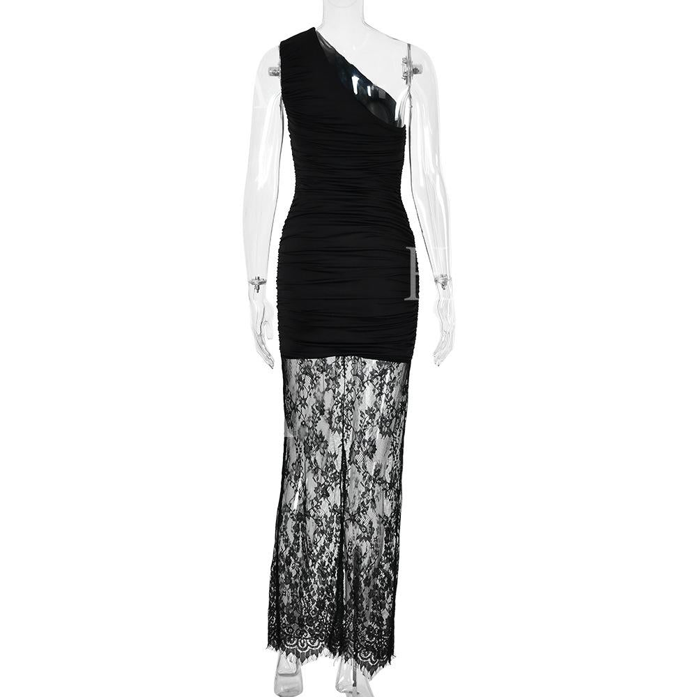 HASA HS6772 Slim Fit One Shoulder Mesh Lace Evening Dress