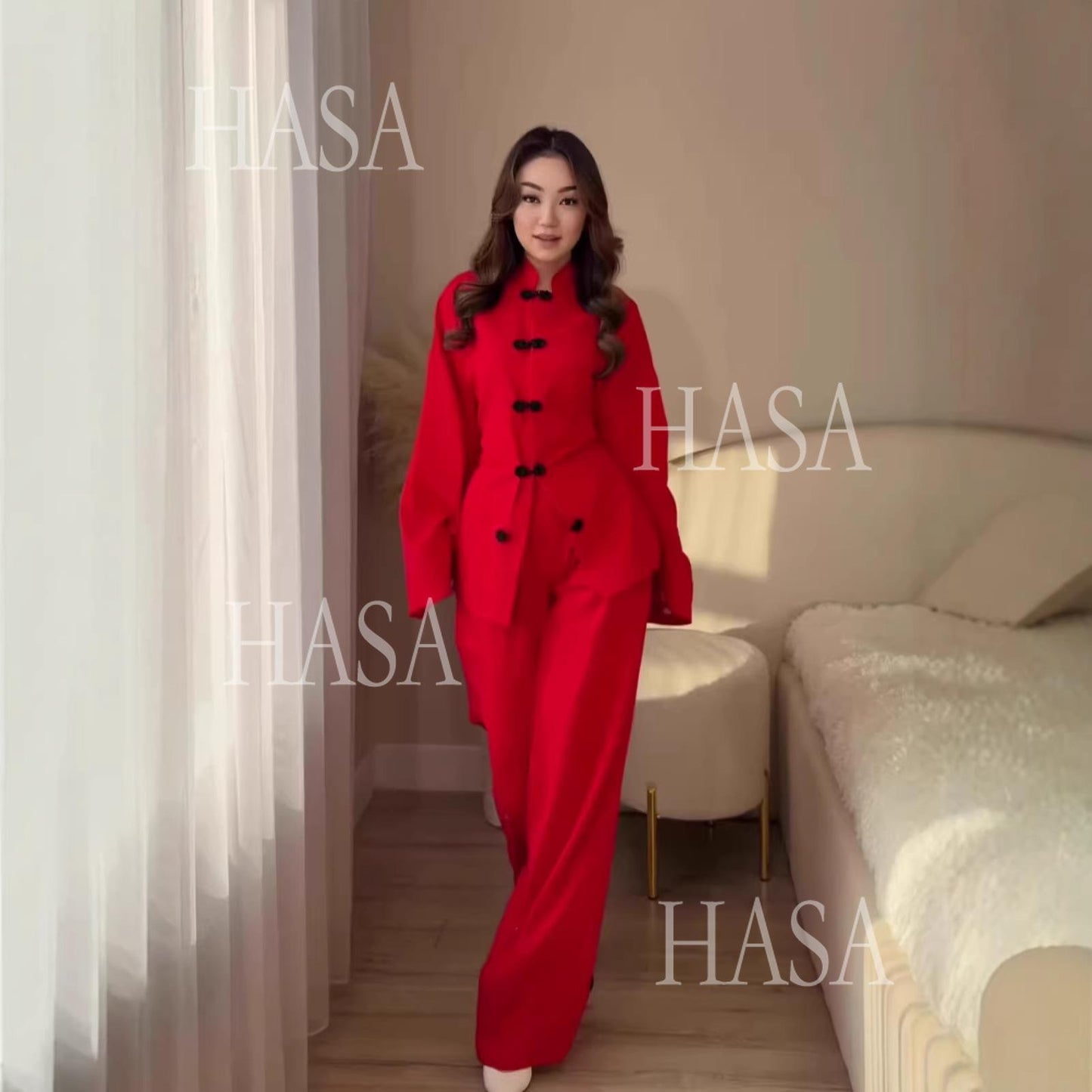 HS6738 Chic Long Sleeve Matching Set with Flowy Pants