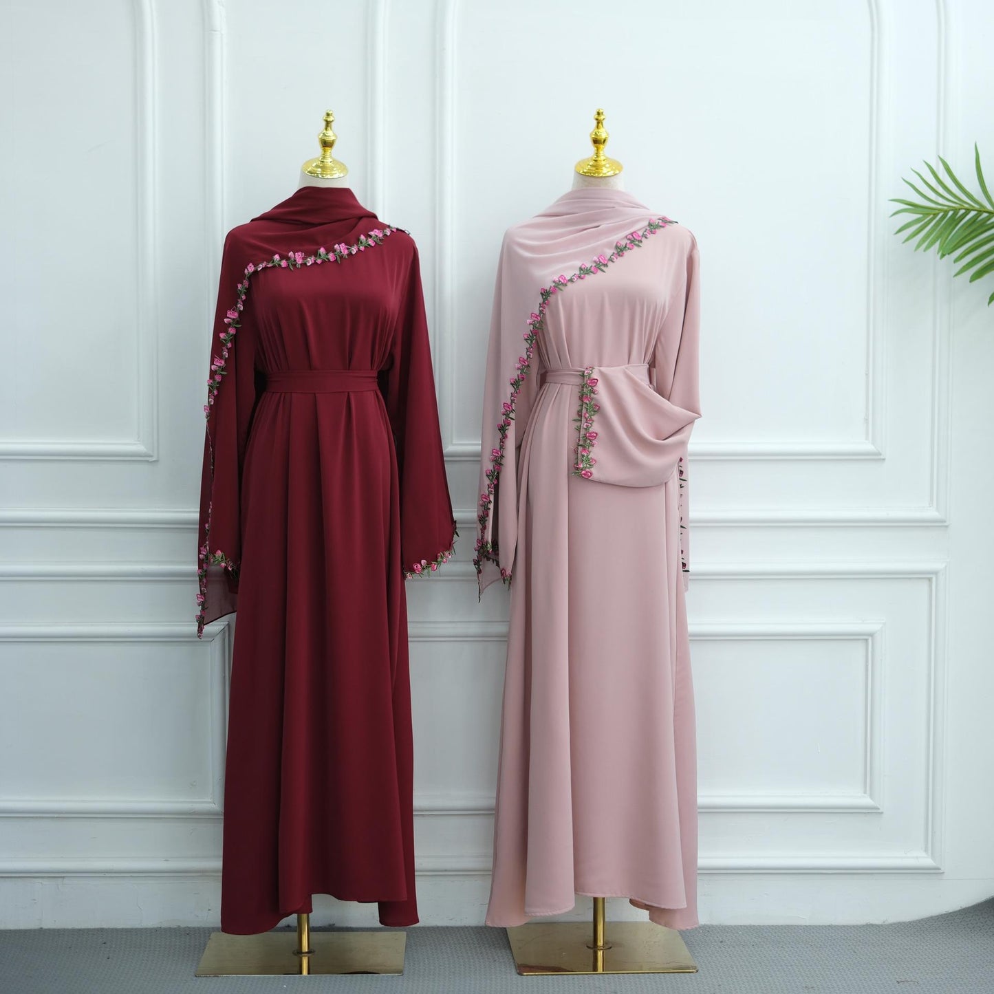 HASA HS6814 Loriya Pink Lace Stitching Two-piece Dress + Headscarf