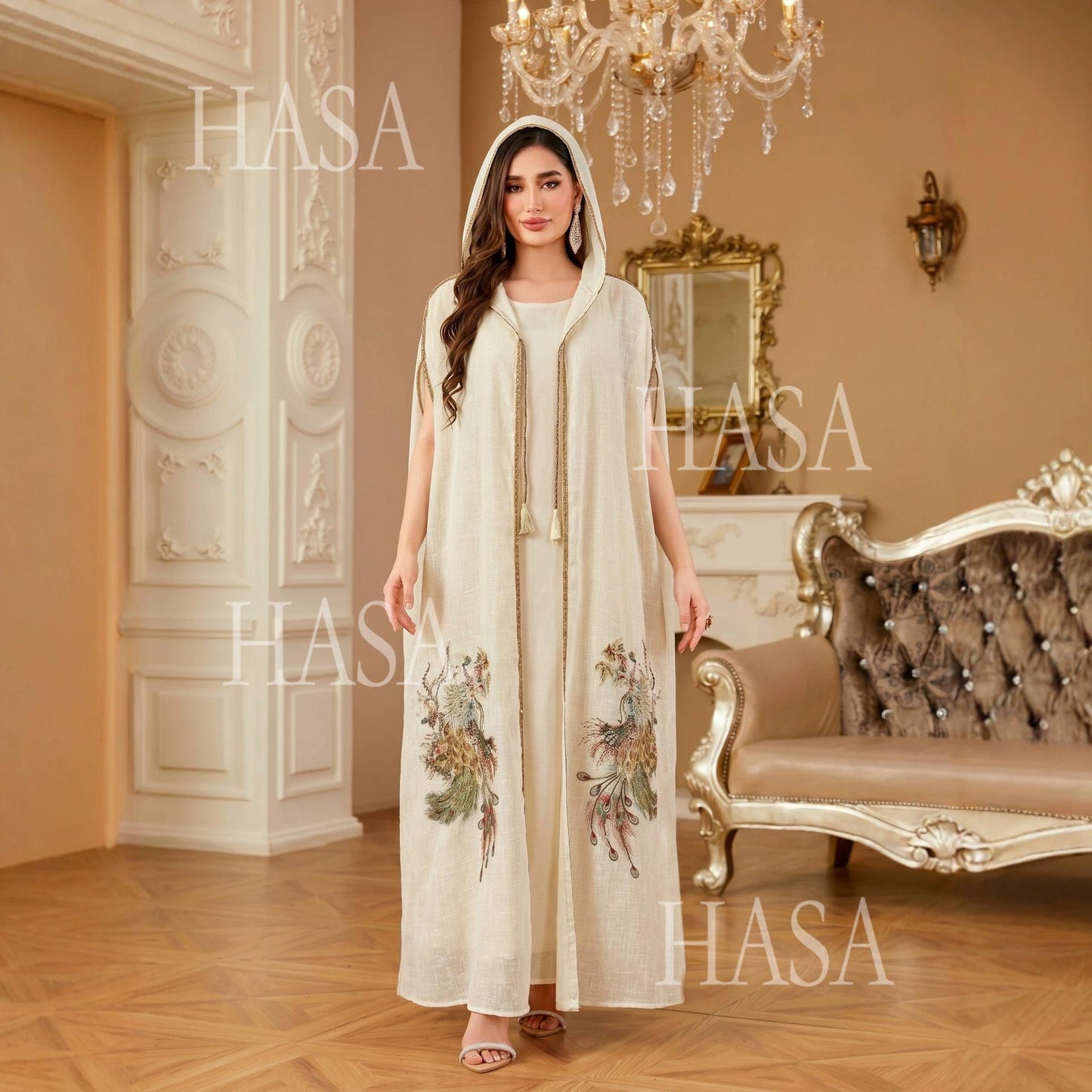 HASA HS6763 Elegant Tassel Hooded Maxi Ensemble