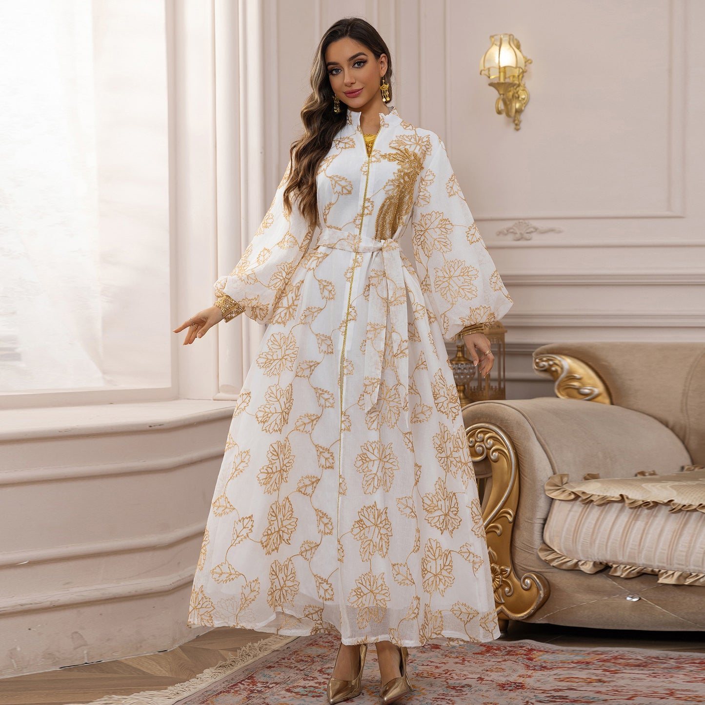 HS6651  Floral Print Long Dress, Elegant Stand-up Collar Evening Gown