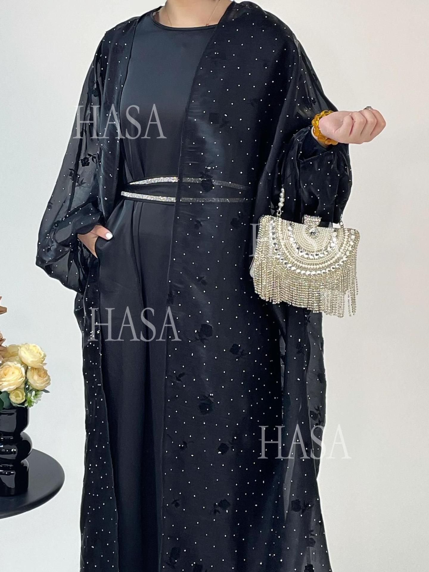HS6536 Elegant Rose Pattern Abaya Outer Dress Set