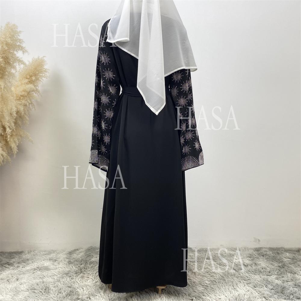 HS6588 Black Cardigan Dress with Rhinestone Embellishment and Pockets