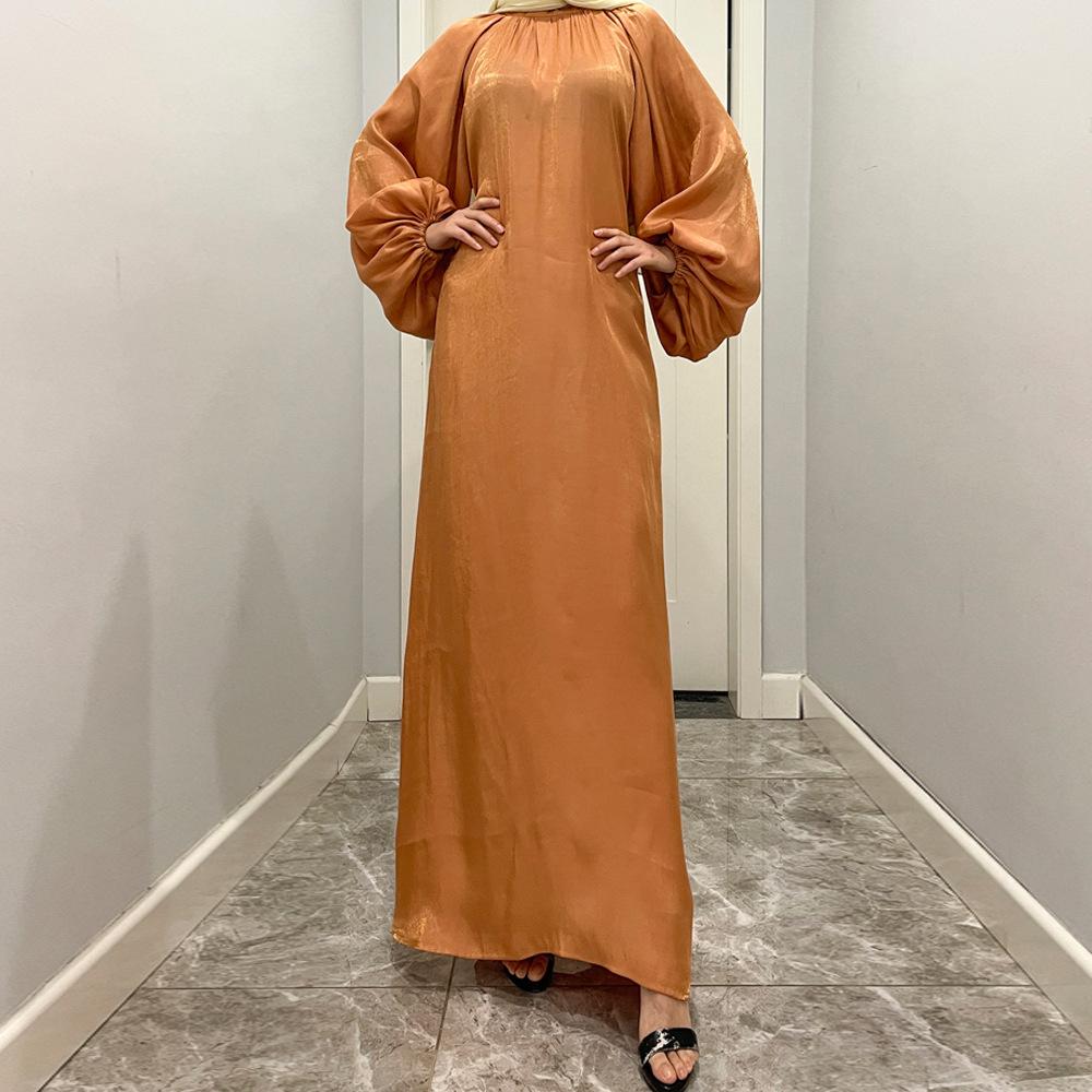 فستان حريري لامع طويل بأكمام واسعة من سلسلة HS10043 HASA، بياقة واقفة وربطة ظهر، فستان نسائي عباية
