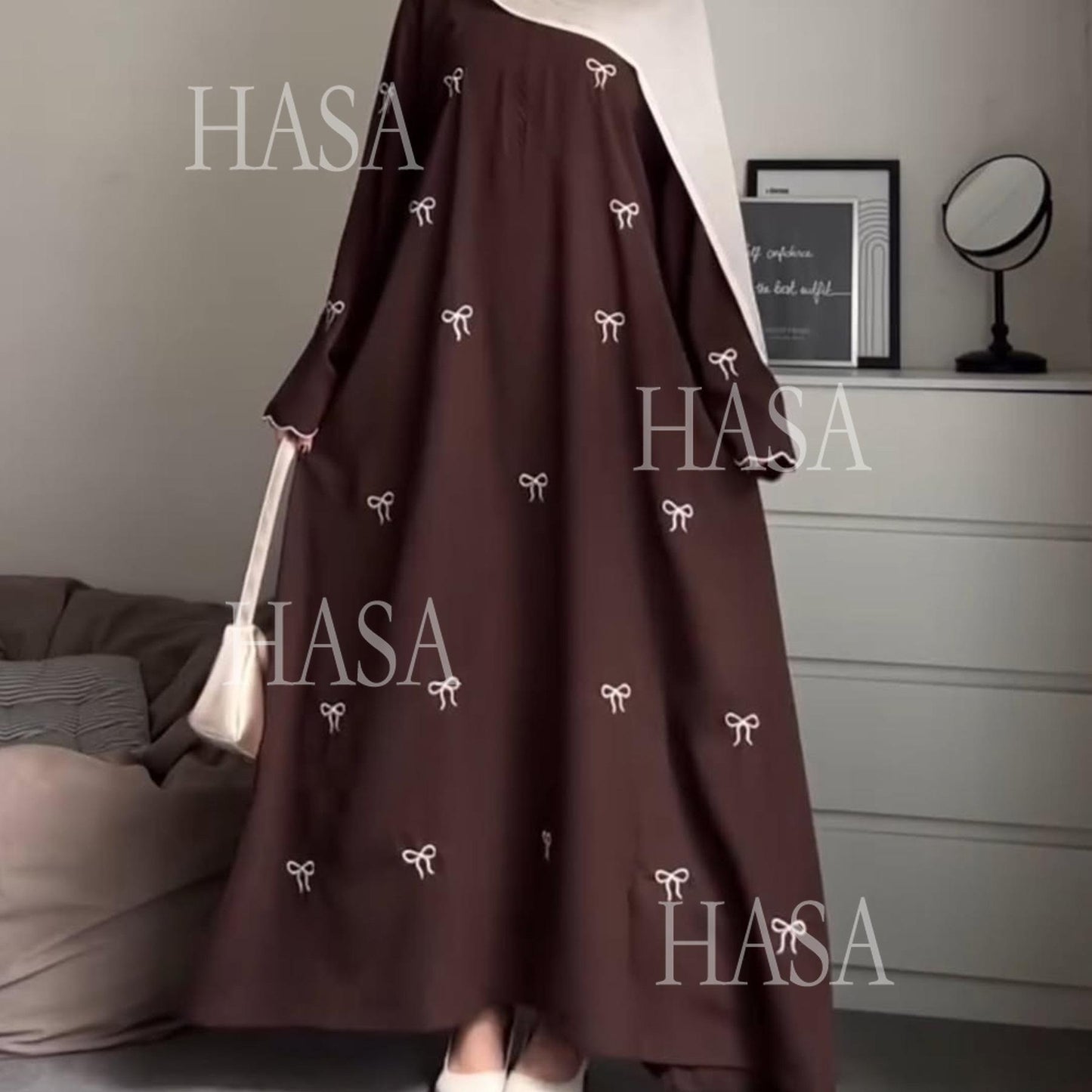 HS6558 Bow Embroidered Long Sleeve Dress - Swing Fashion Style