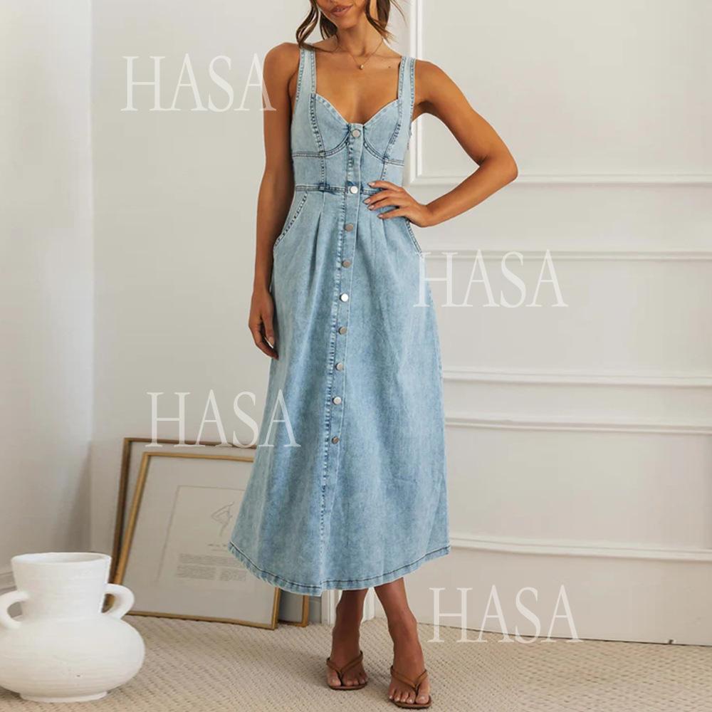 HASA HS6796 Button Front Denim Dress with Flattering Fit