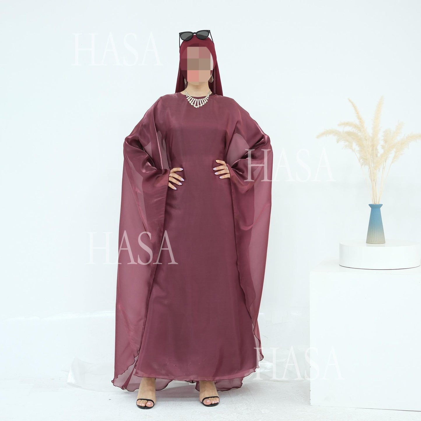 HS6524 Elegant two-piece solid-color robe and dress with optional headscarf