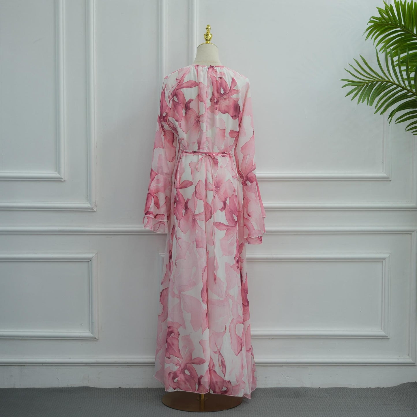 HASA HS6811 Chiffon Floral Maxi Dress Flare Ruffle Sleeve Elegant Long Dress for Women Daily Party Wear