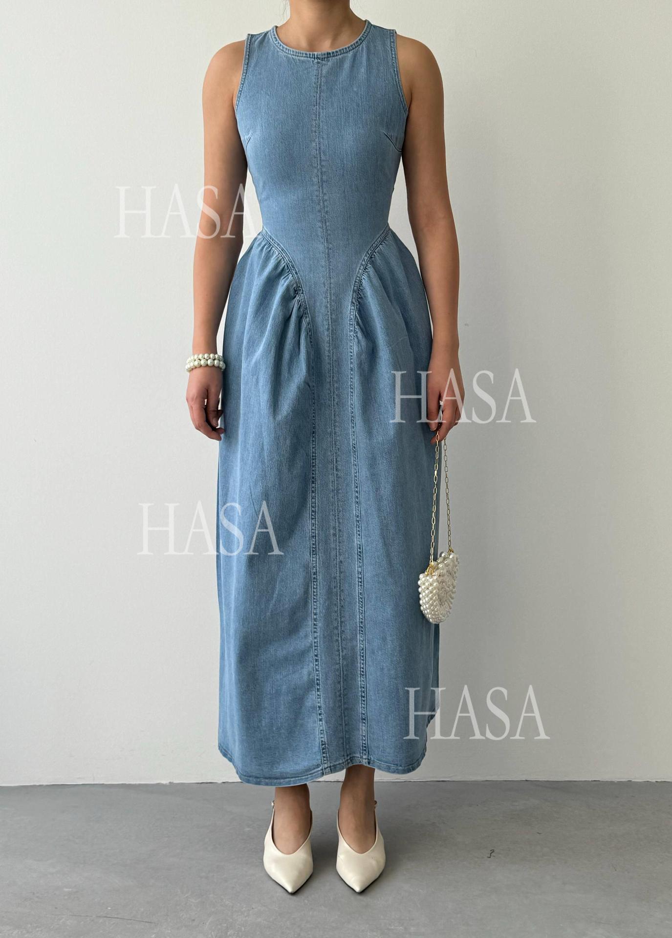 HASA HS6787 Vintage Inspired Light Blue Denim Dress with Full Skirt