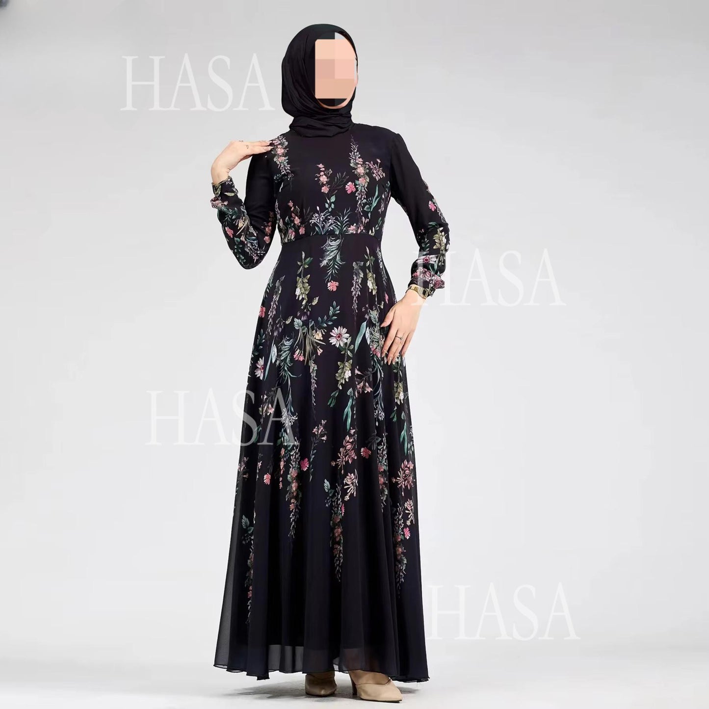 HS6531 Chiffon Printed Ankle-Length Maxi Dress with Long Sleeves