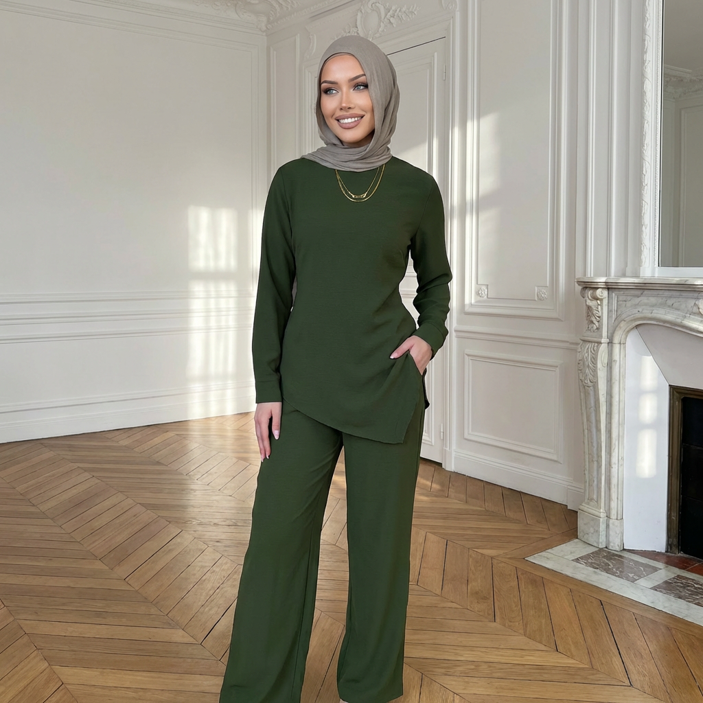 HS6614 Modest Nida Two-Piece Set with Waist Tie & Pocket Trousers