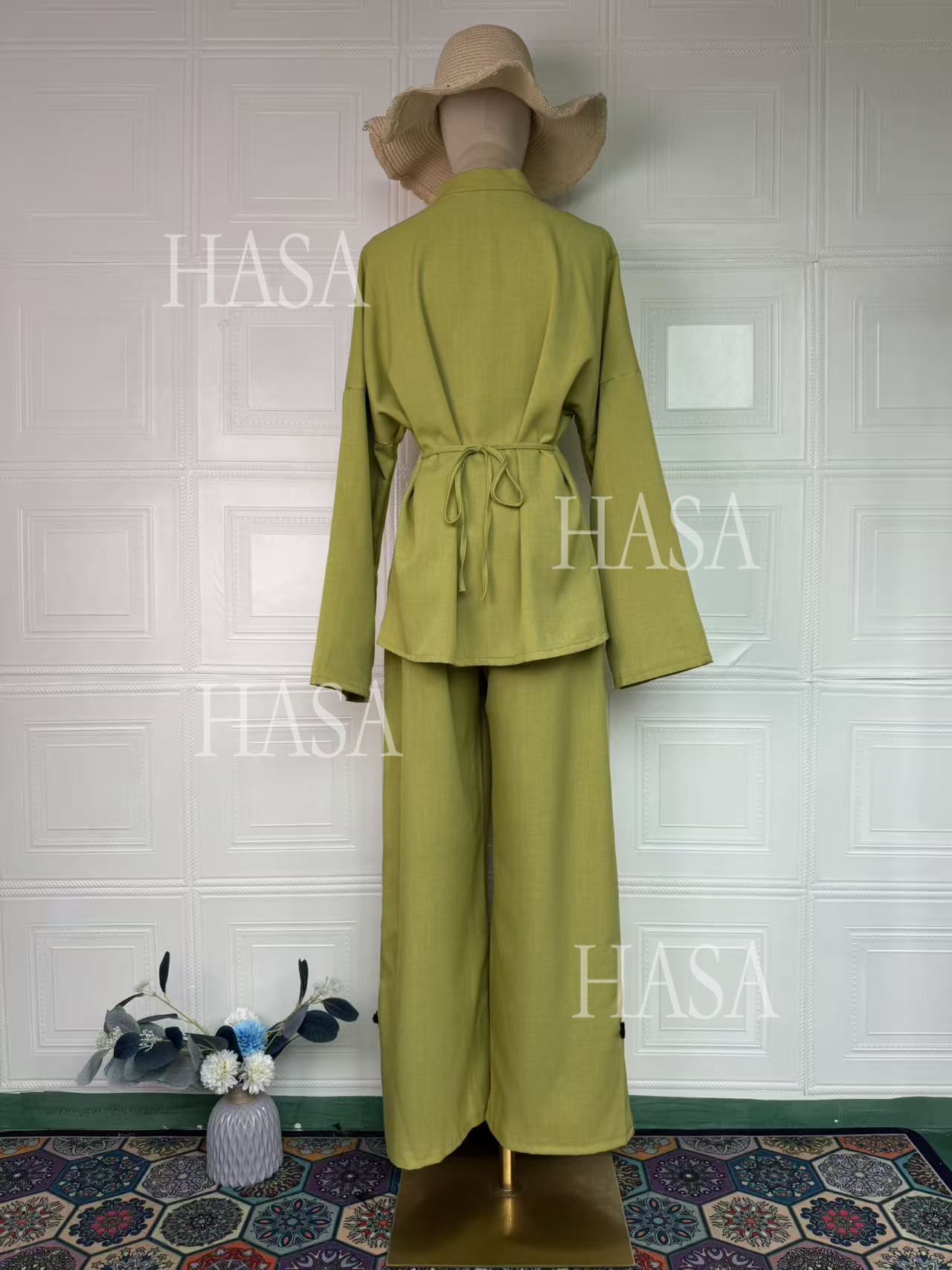 HS6738 Chic Long Sleeve Matching Set with Flowy Pants