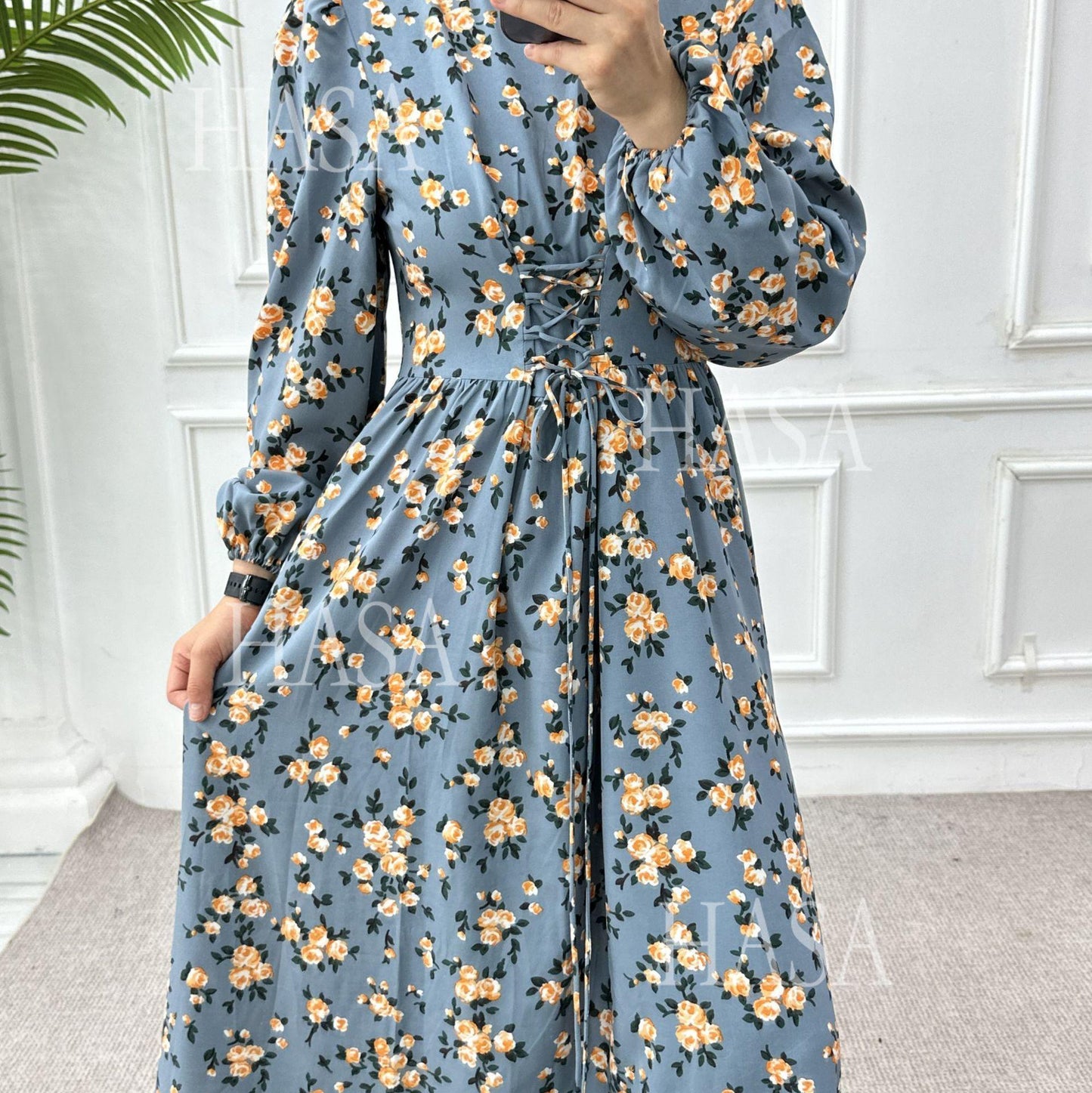 HS6489 Long-sleeved Floral Maxi Dress with Natural Waist