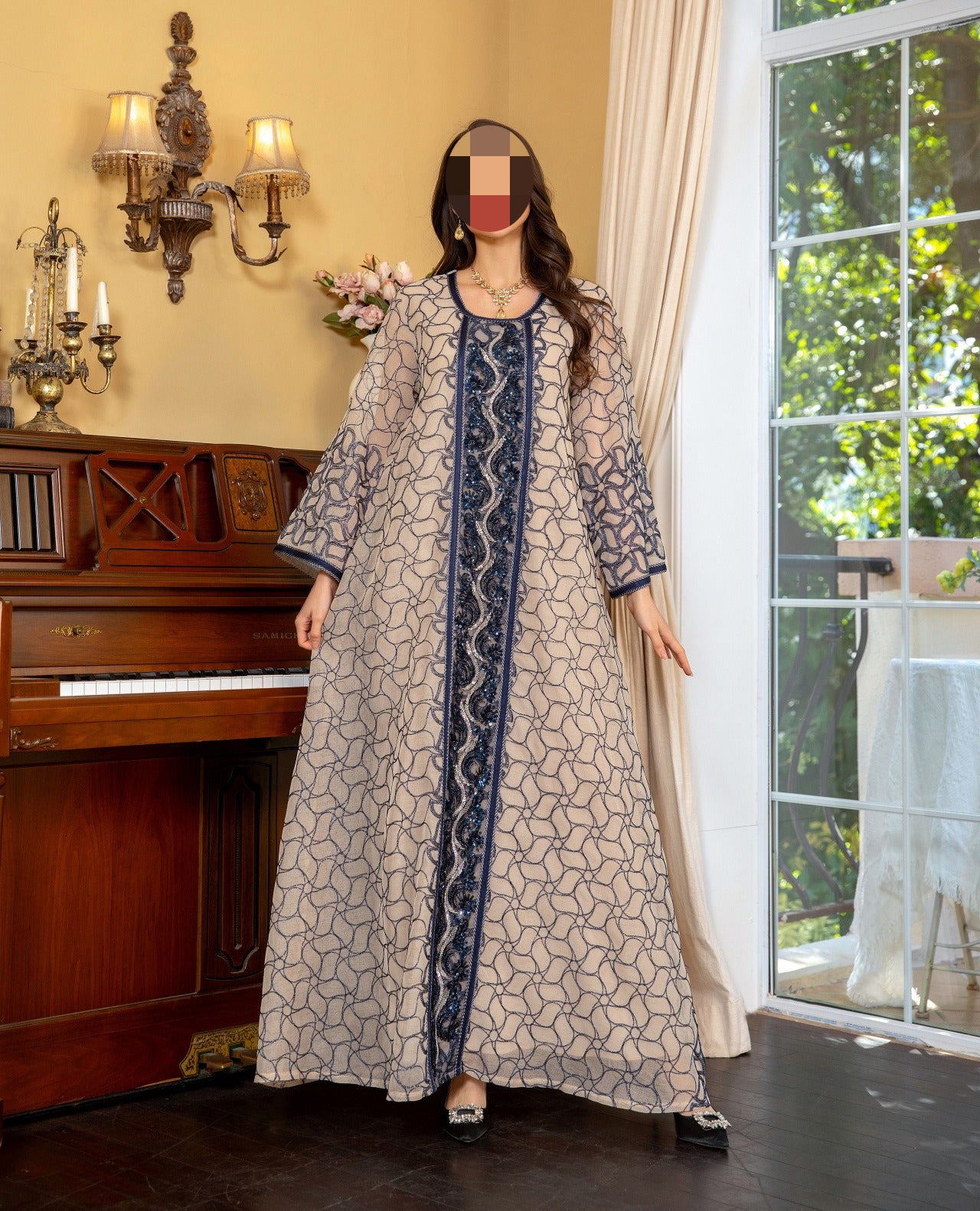 HS6668 A Simple and Elegant Long Dress Adorned with Mesh Embroidery.