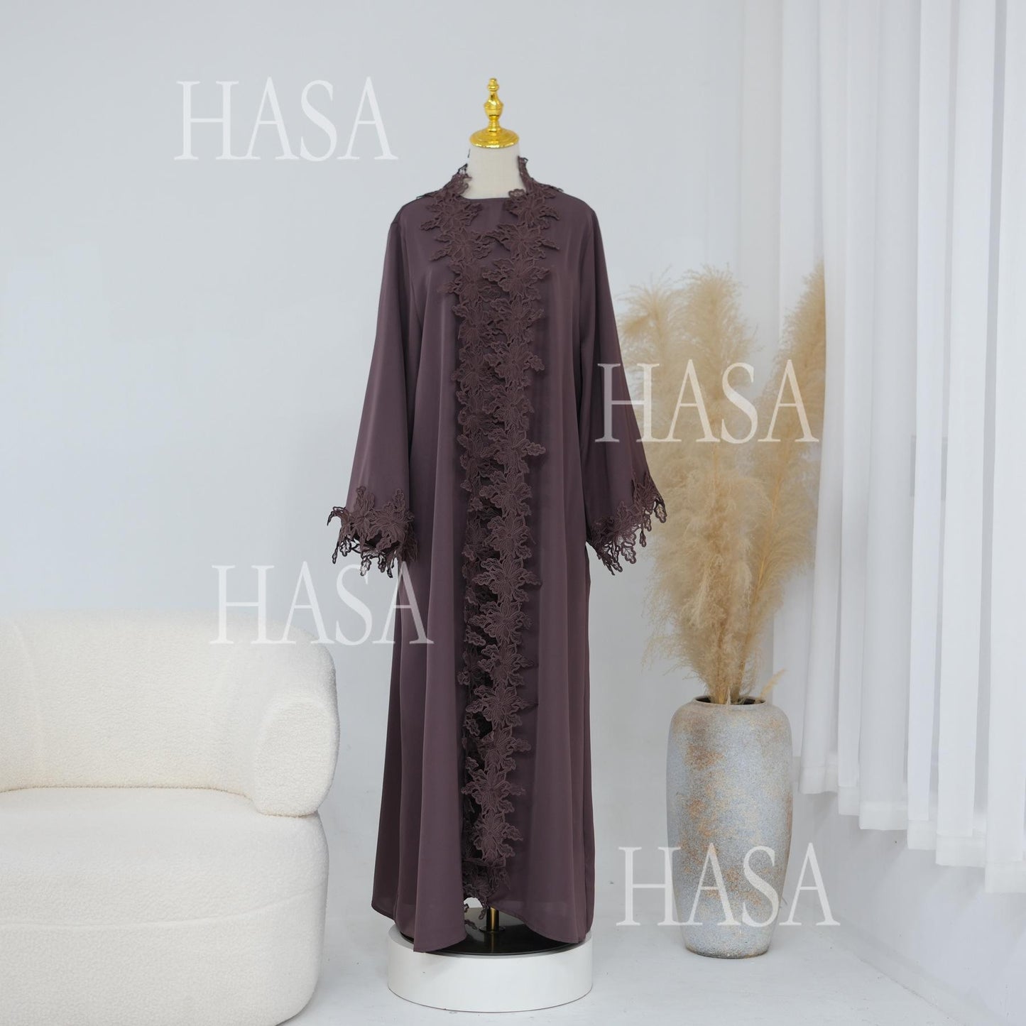 HASA HS6780 Chic Floral Embroidered Open Abaya Two Piece Outfit