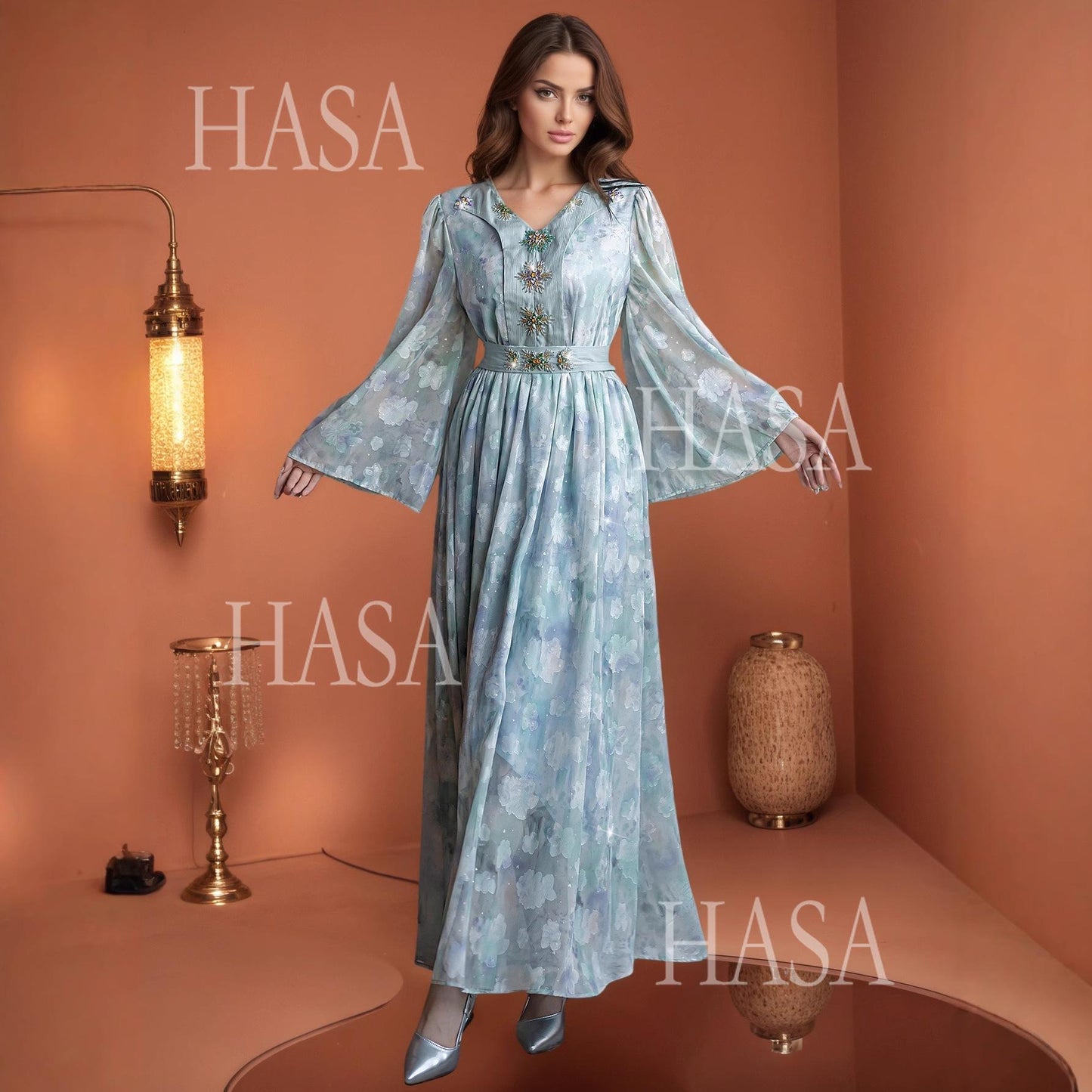 HASA HS6776 Soft Blue Occasion Maxi Dress