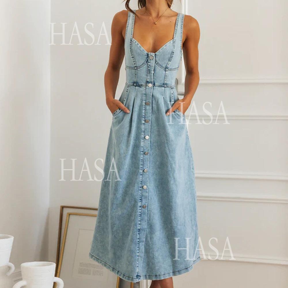 HASA HS6796 Button Front Denim Dress with Flattering Fit