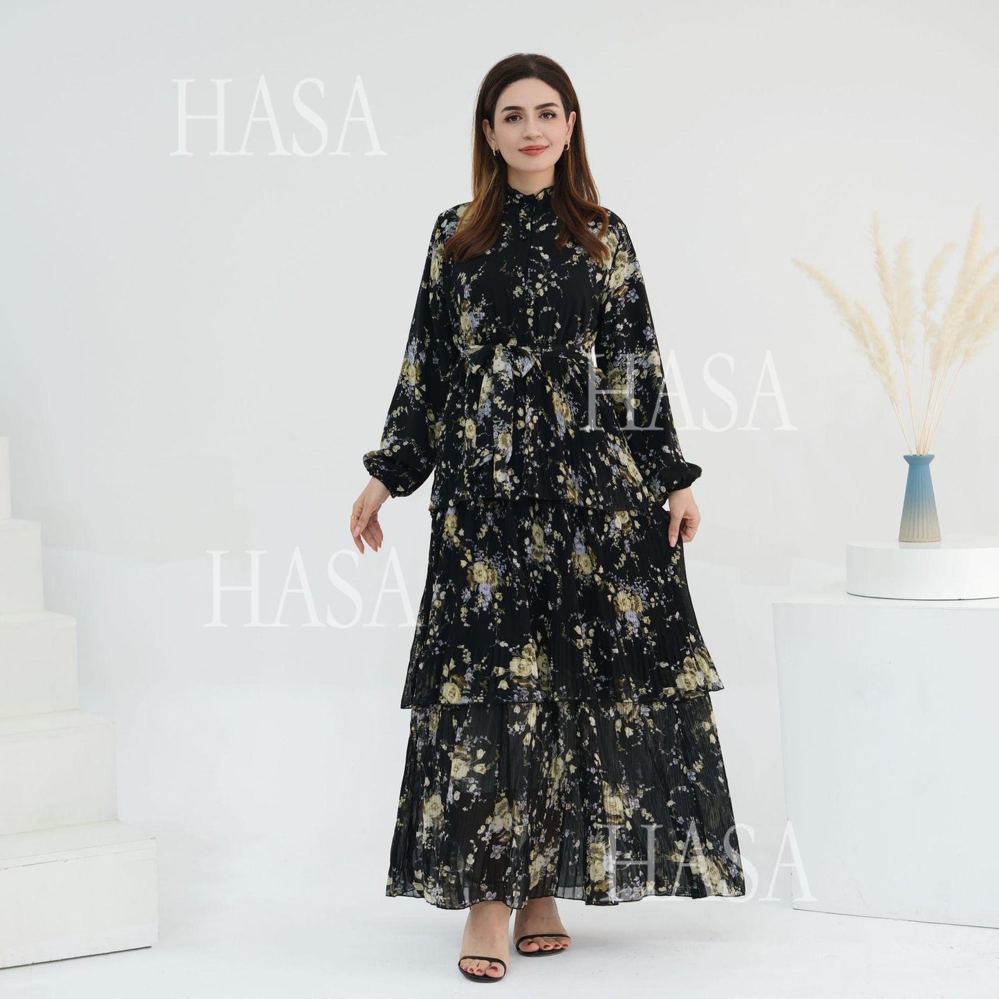 HS6500  Romantic Layered Print Long Dress