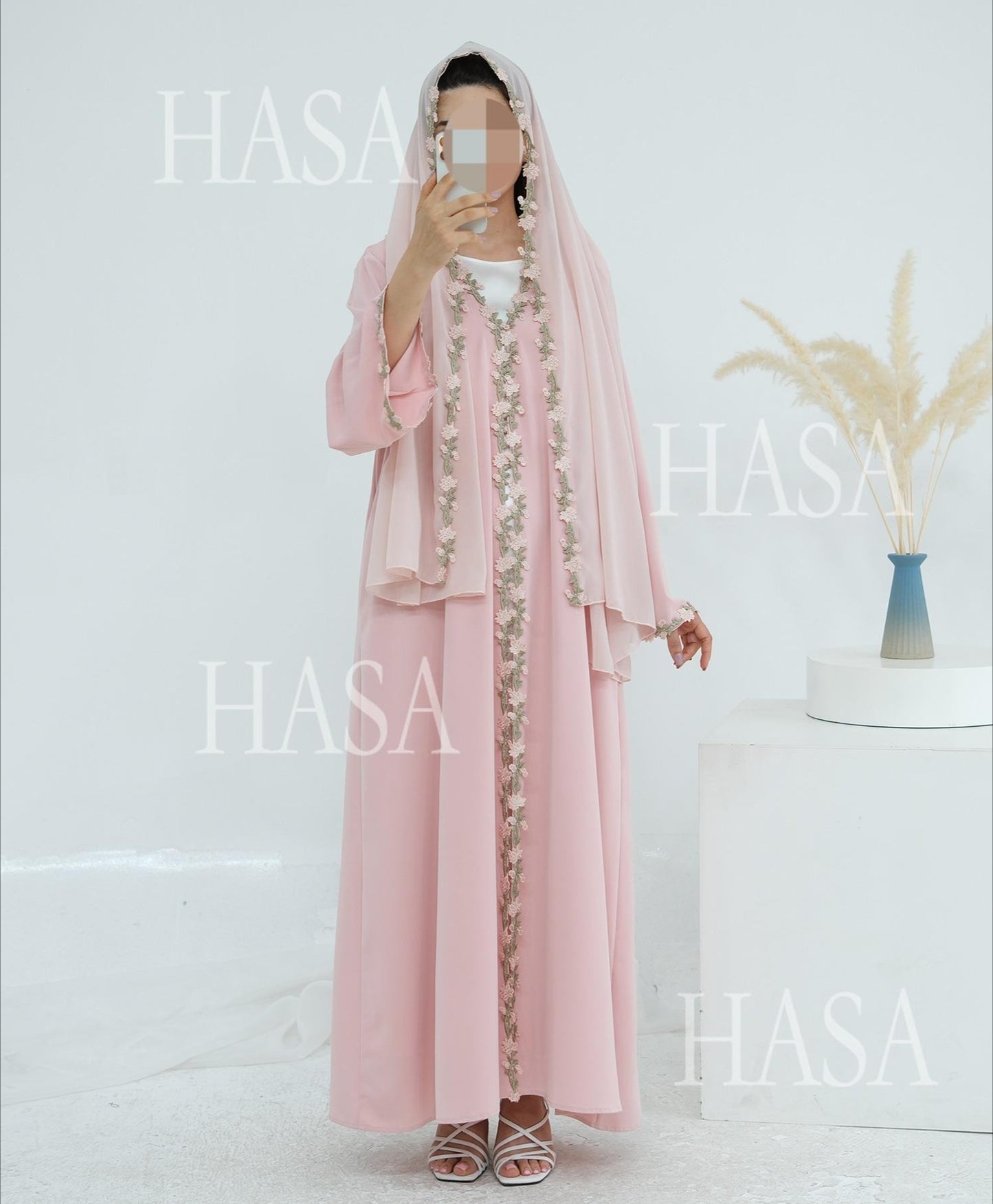 HS6618 Pink Flower Stitching Cardigan Two-Piece Set (Including Headscarf)