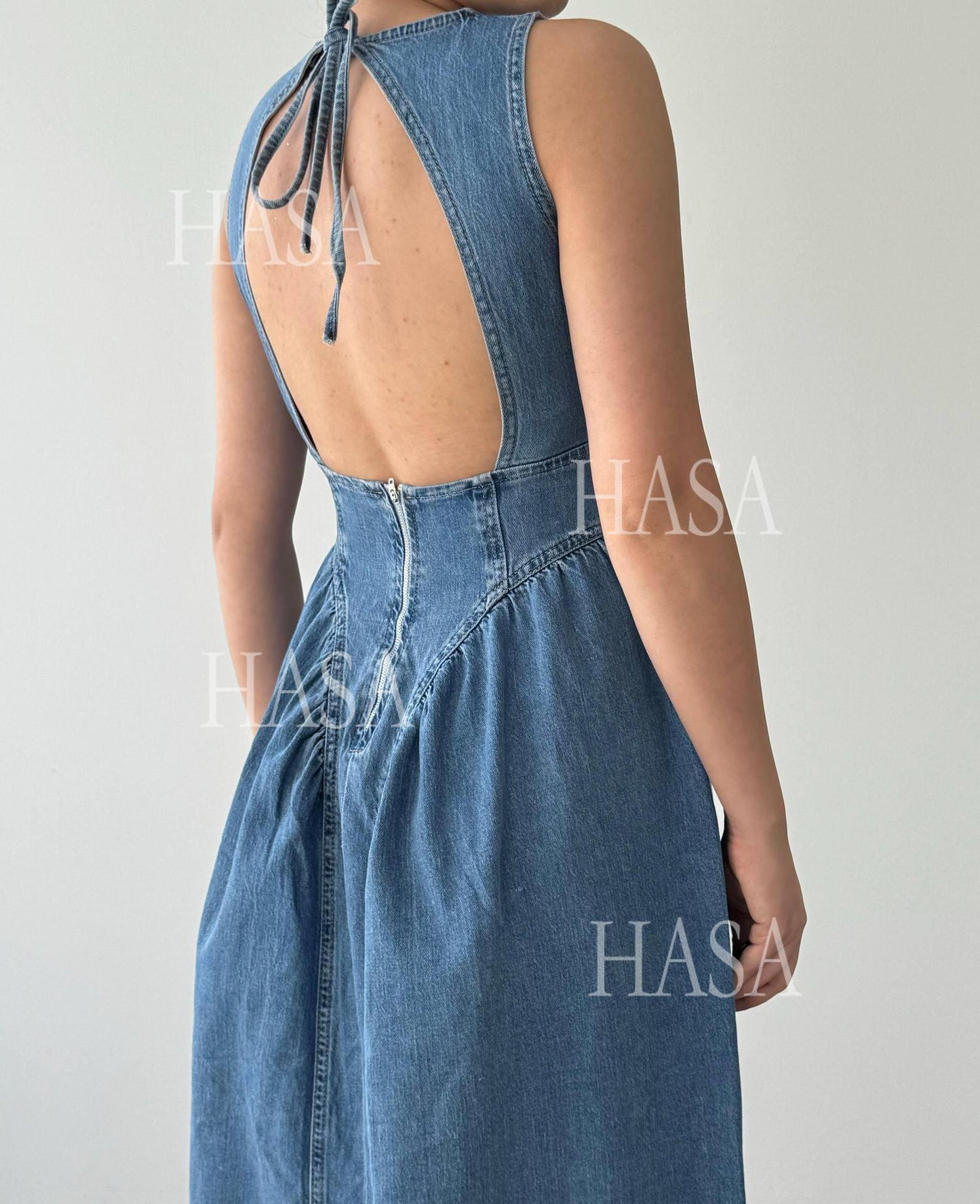 HASA HS6787 Vintage Inspired Light Blue Denim Dress with Full Skirt