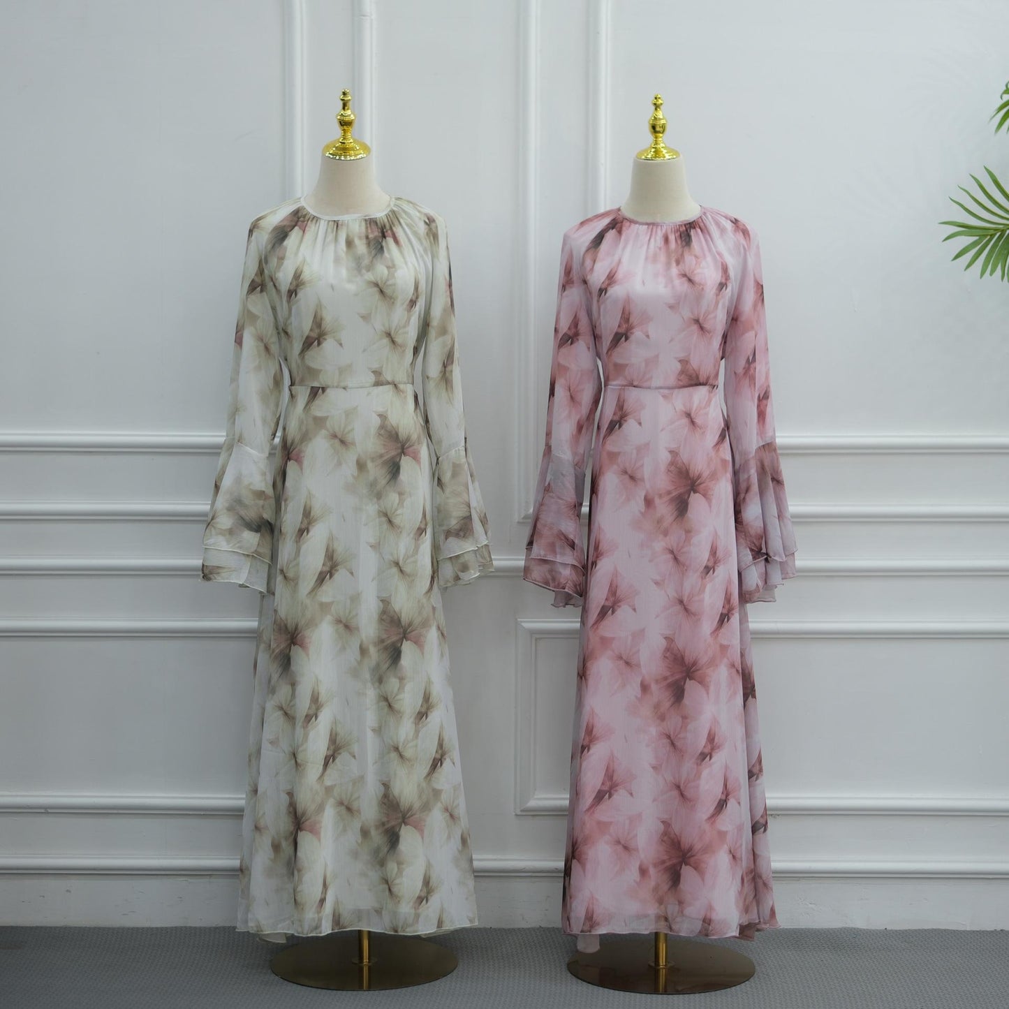 HASA HS6811 Chiffon Floral Maxi Dress Flare Ruffle Sleeve Elegant Long Dress for Women Daily Party Wear