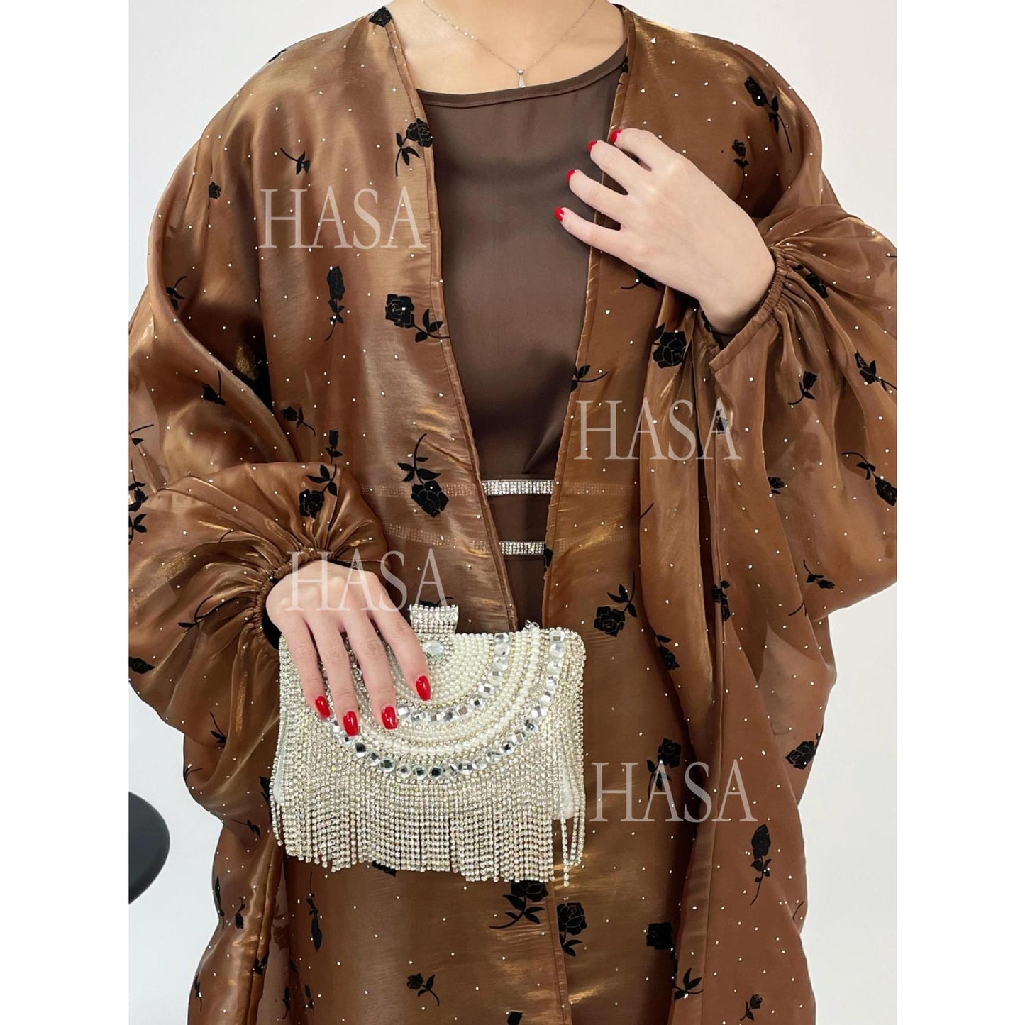 HS6536 Elegant Rose Pattern Abaya Outer Dress Set