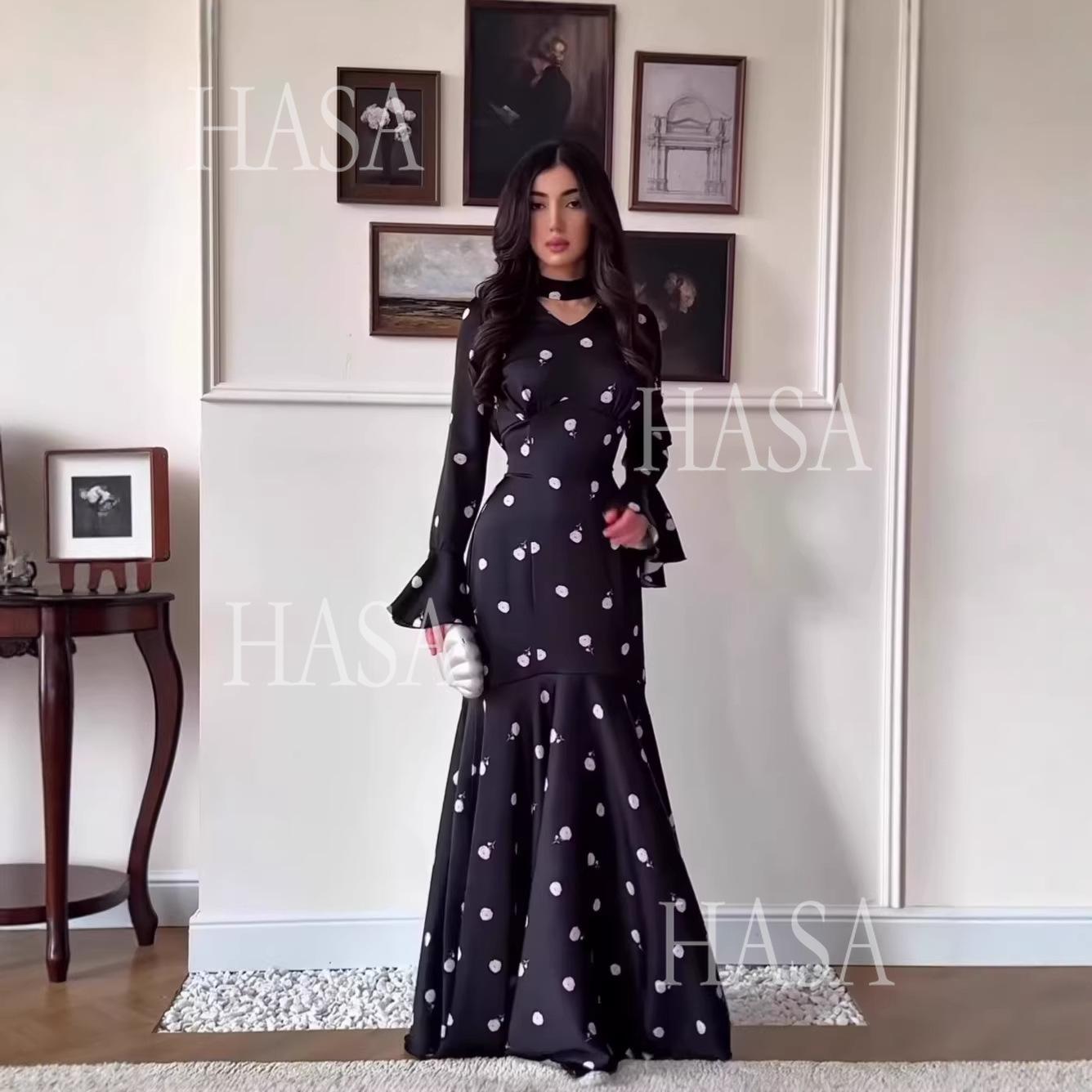 HASA's Series HS6741 Chic Black Polka Dot Long Dress Flare Sleeve Mermaid Maxi Gown